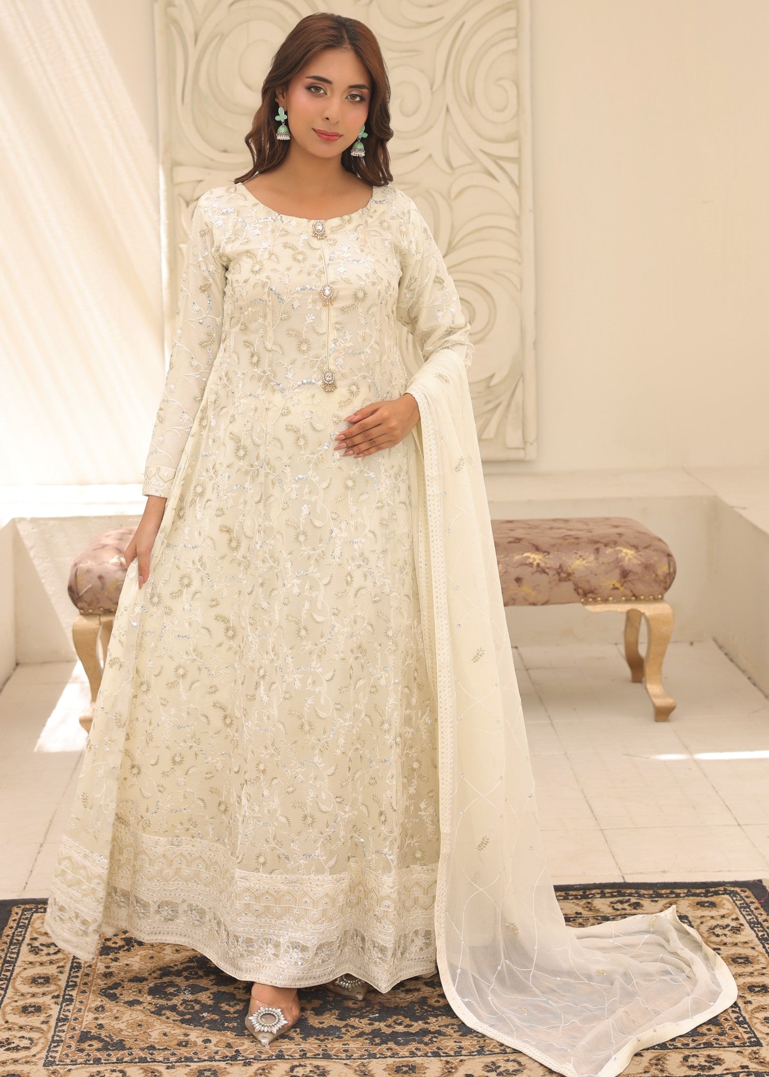 bemberg crinkle chiffon Maxi in Off-white