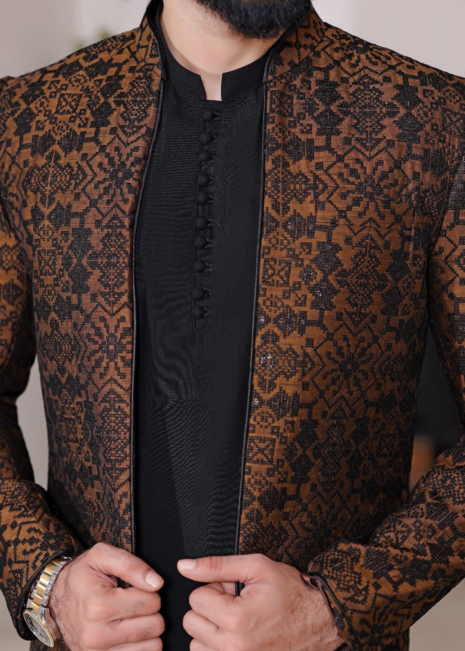cotton silk banarasi Sherwani in Brown by The Great Masters (TGM)