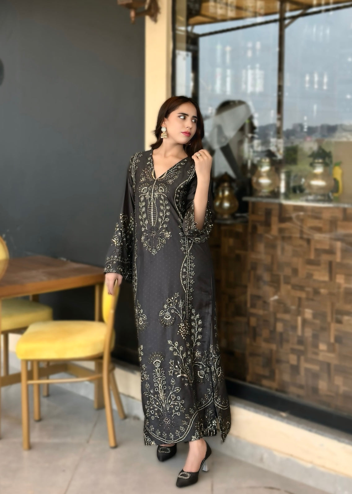 pk charmuse silk Kaftan in Jet black, onyx