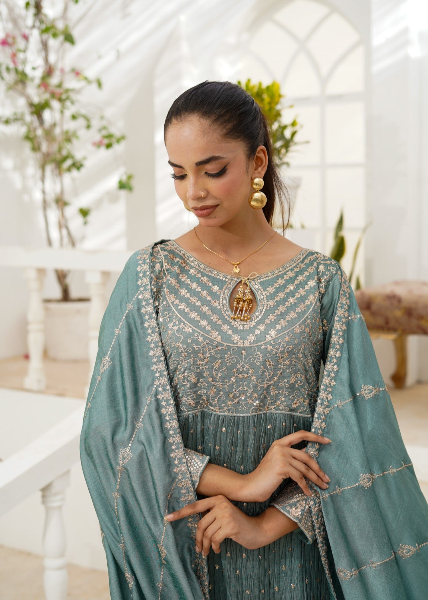 raw silk Kurta Set in Moss green