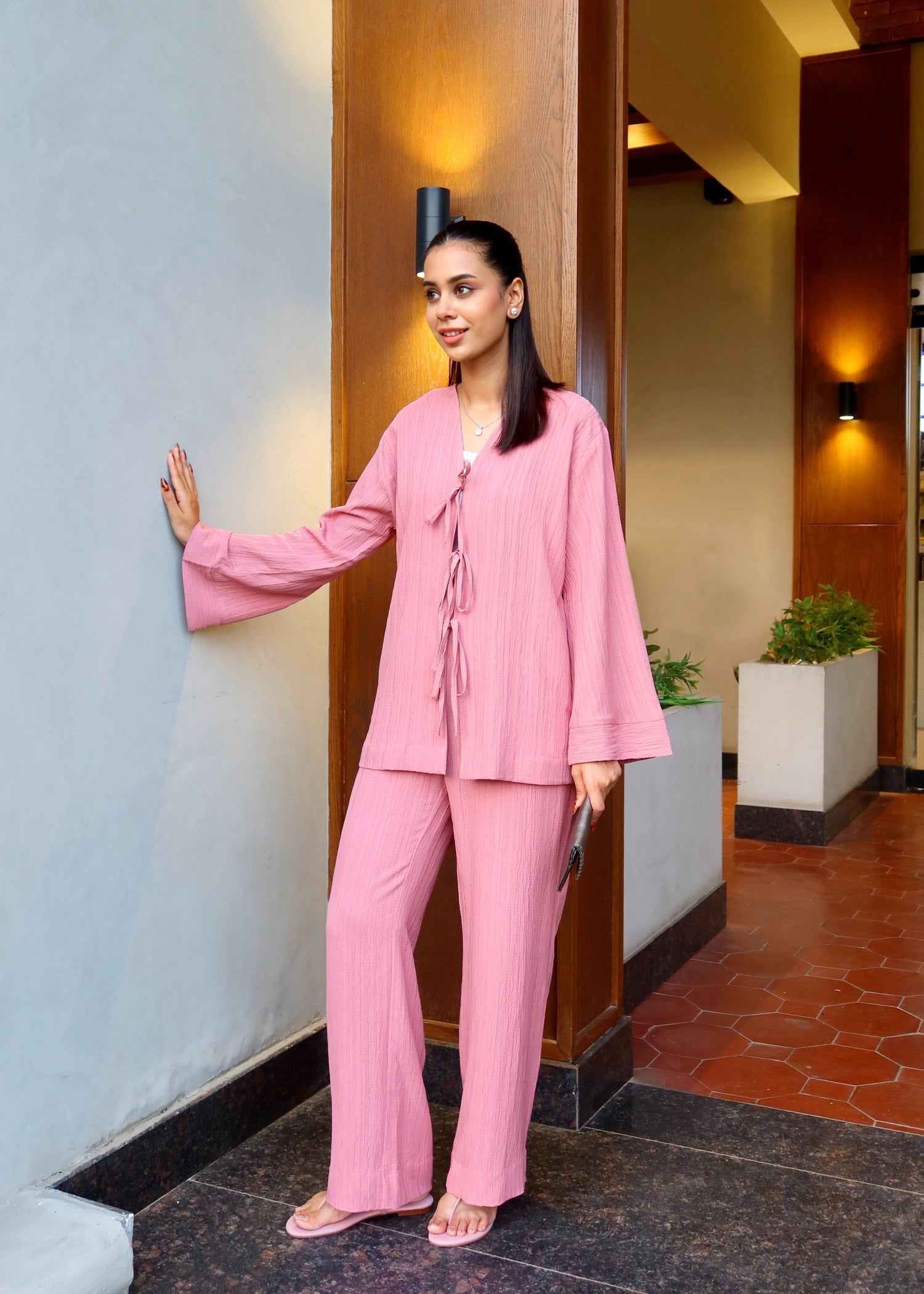dobby crepe Co Ord Sets in Pink sherbert