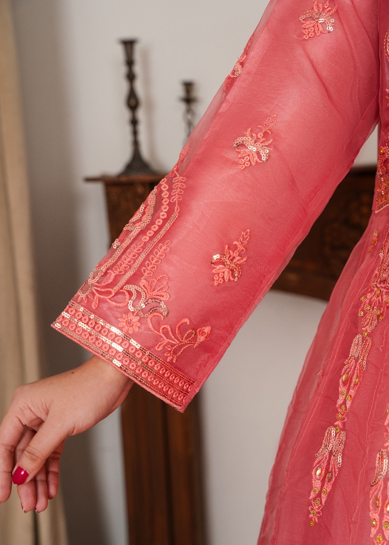 organza Pishwas in Peach pink
