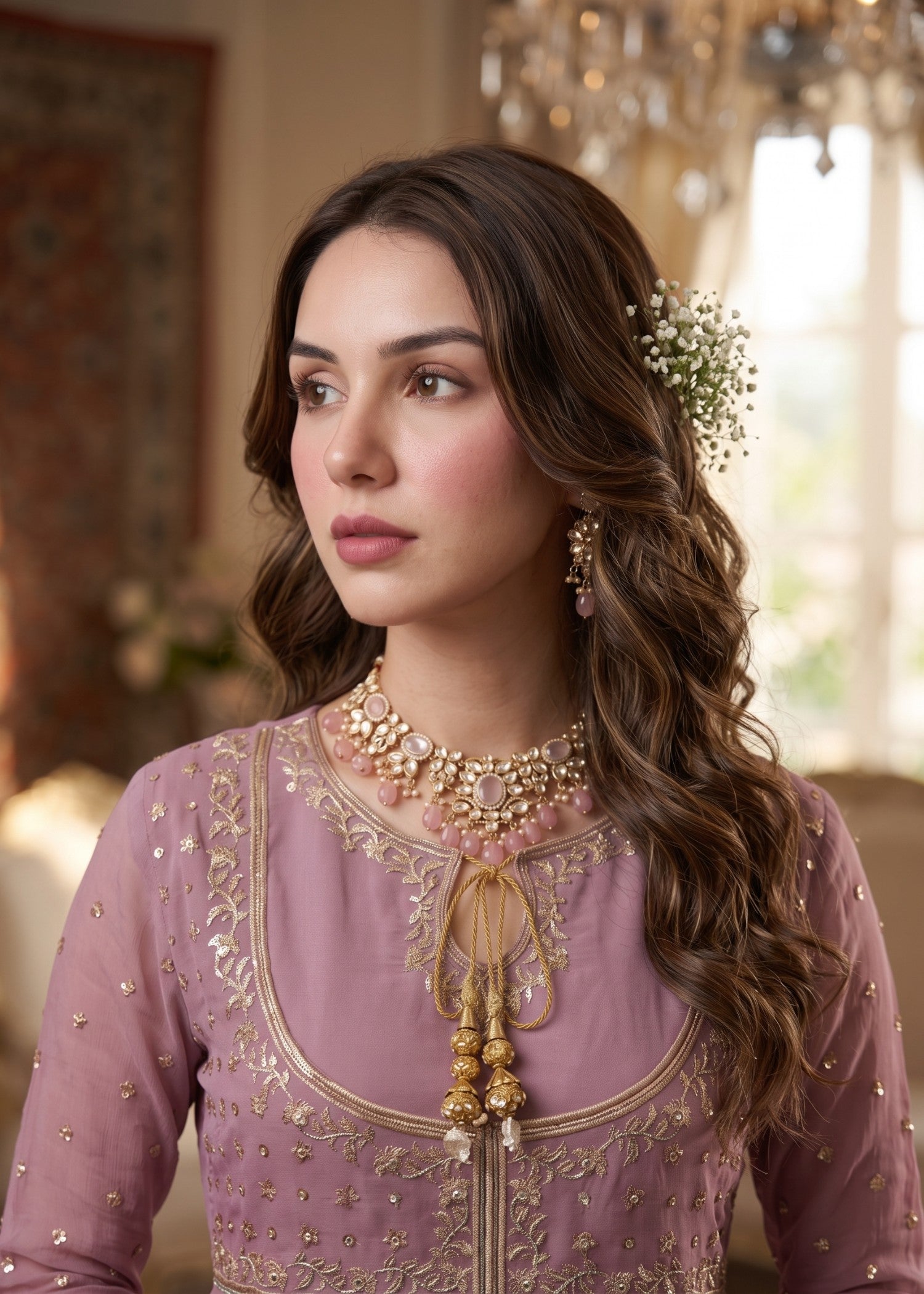 chiffon Anarkali in Mauve pink