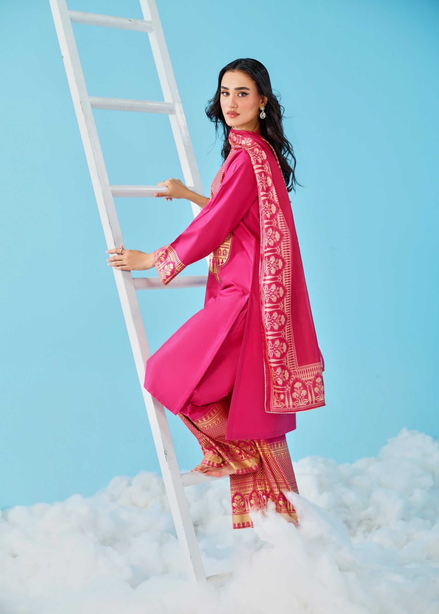 cambric cotton Kurta Set in Hot pink