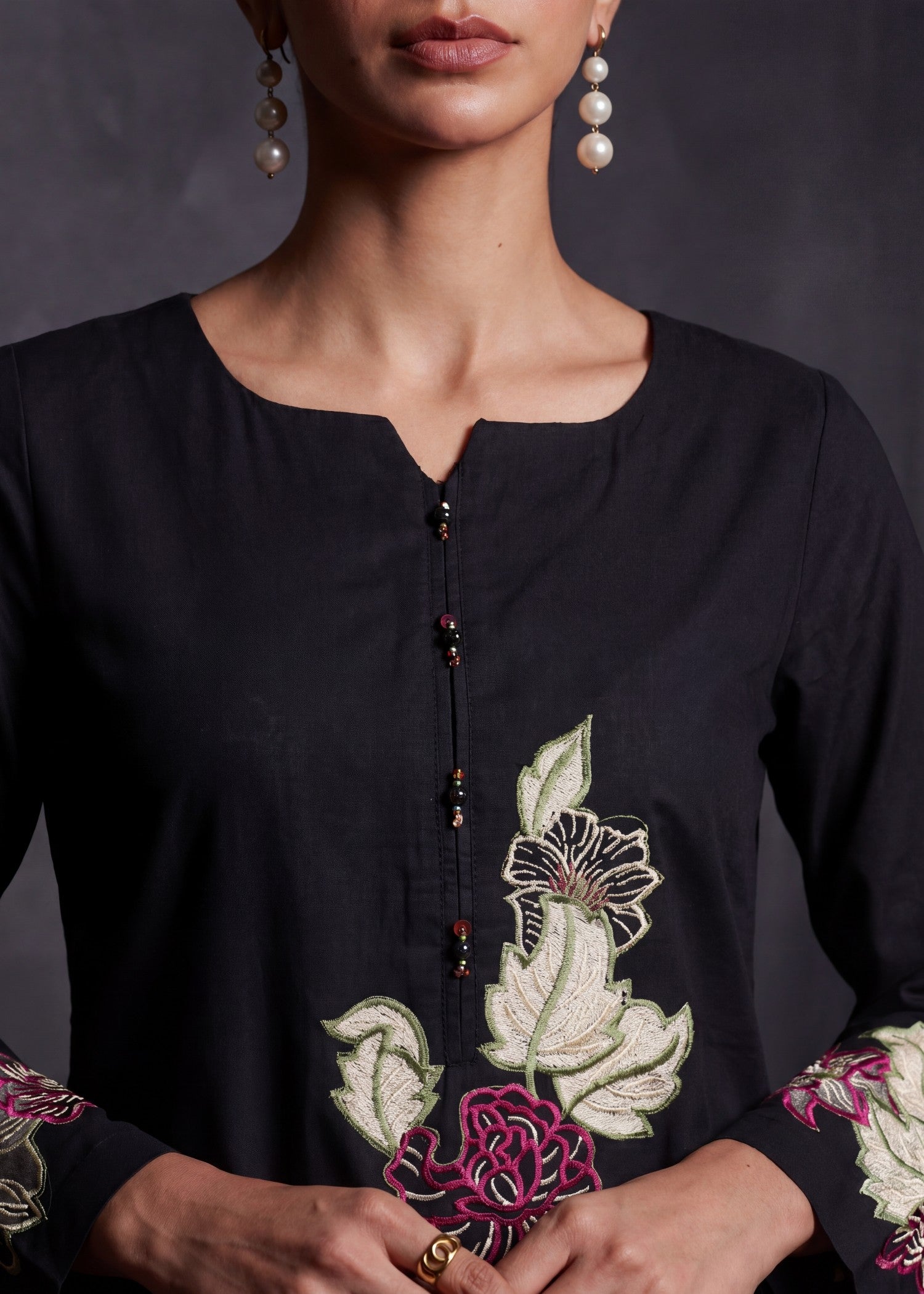 textured lawn Kurta Set in Black