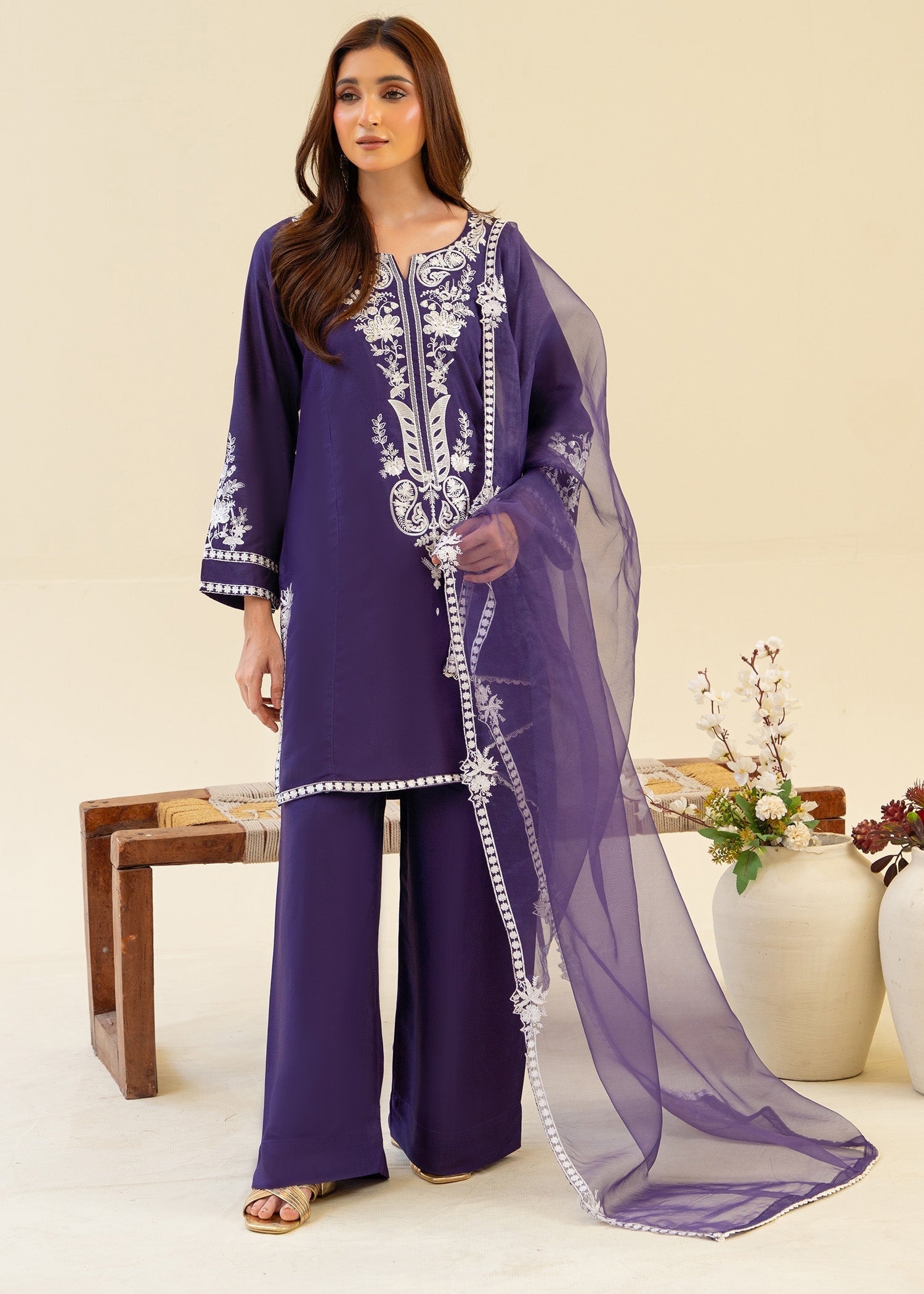viscose raw silk Kurta Set in Purple
