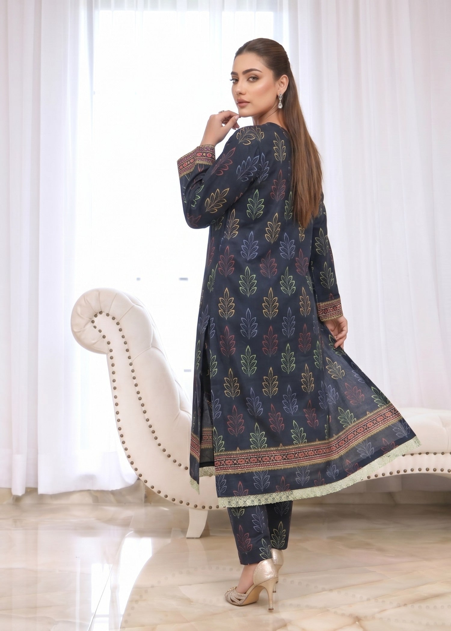 lawn Kurta Set in Prussian blue