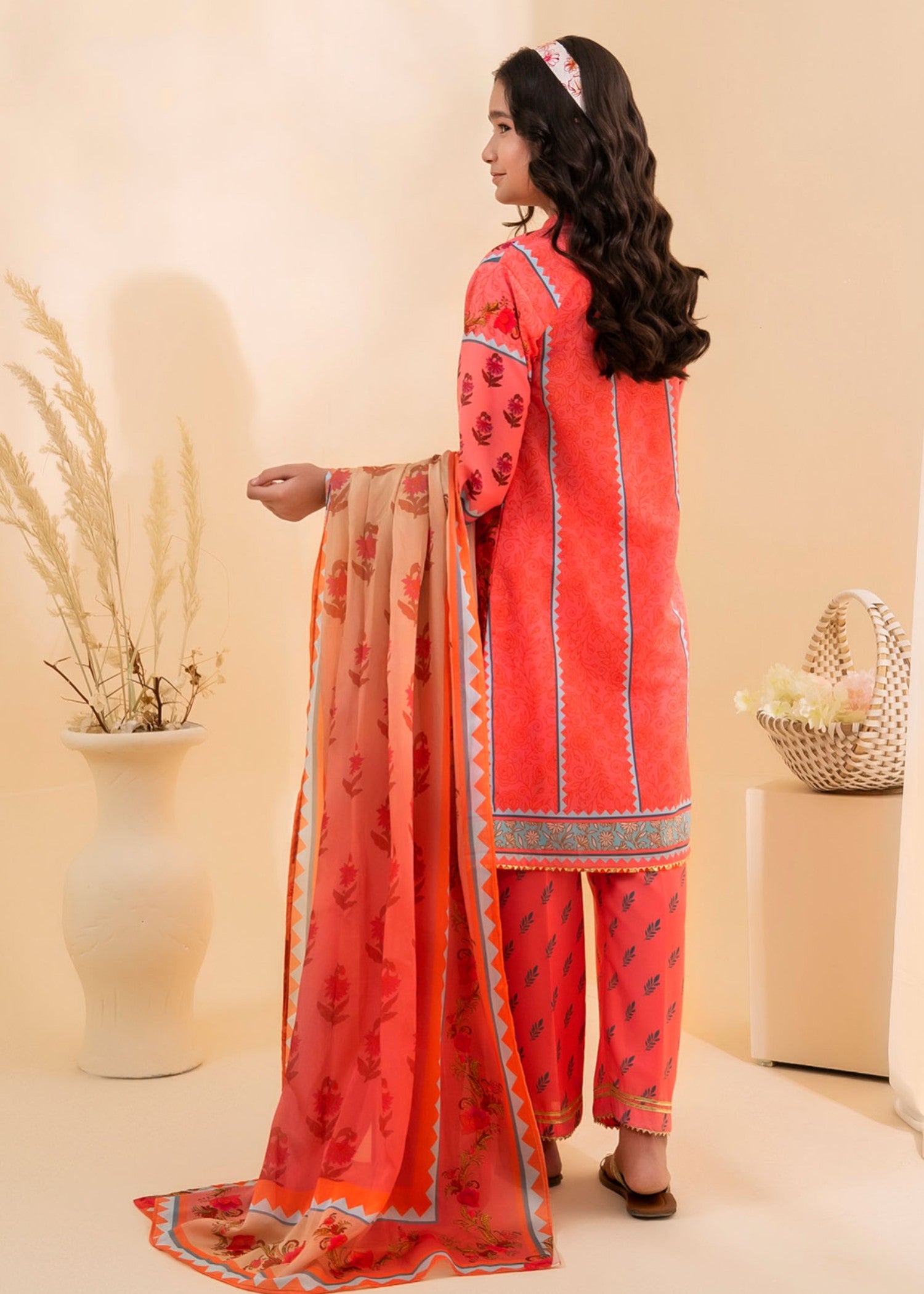 poly lawn Kurta Set in Coral red