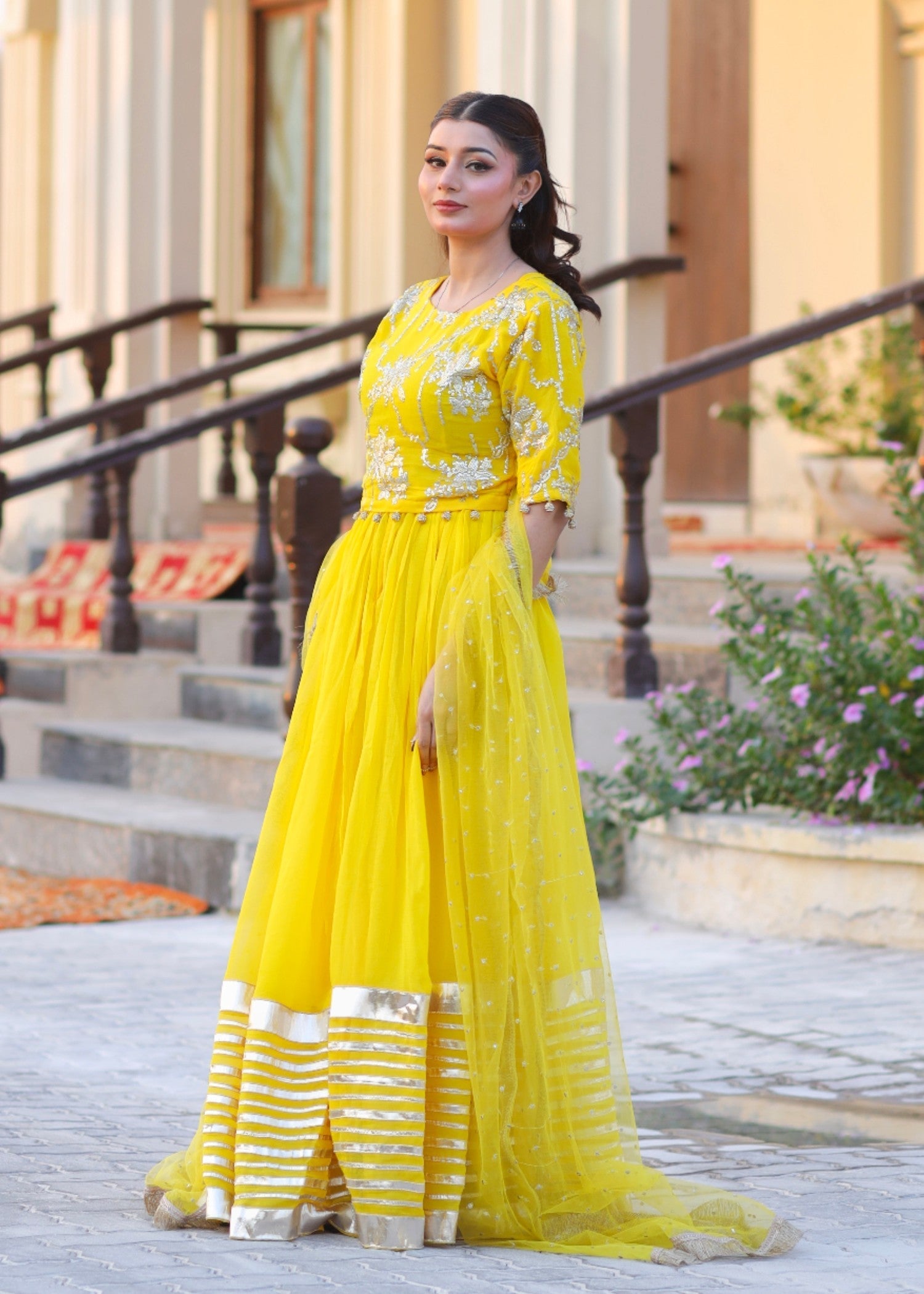 bemberg crinkle chiffon Lehenga in Yellow