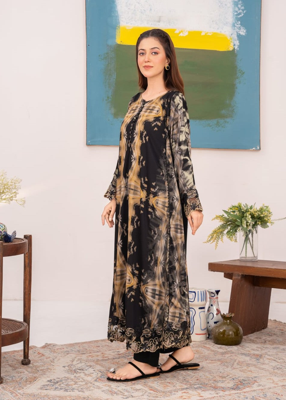 khaddi net Pishwas in Black