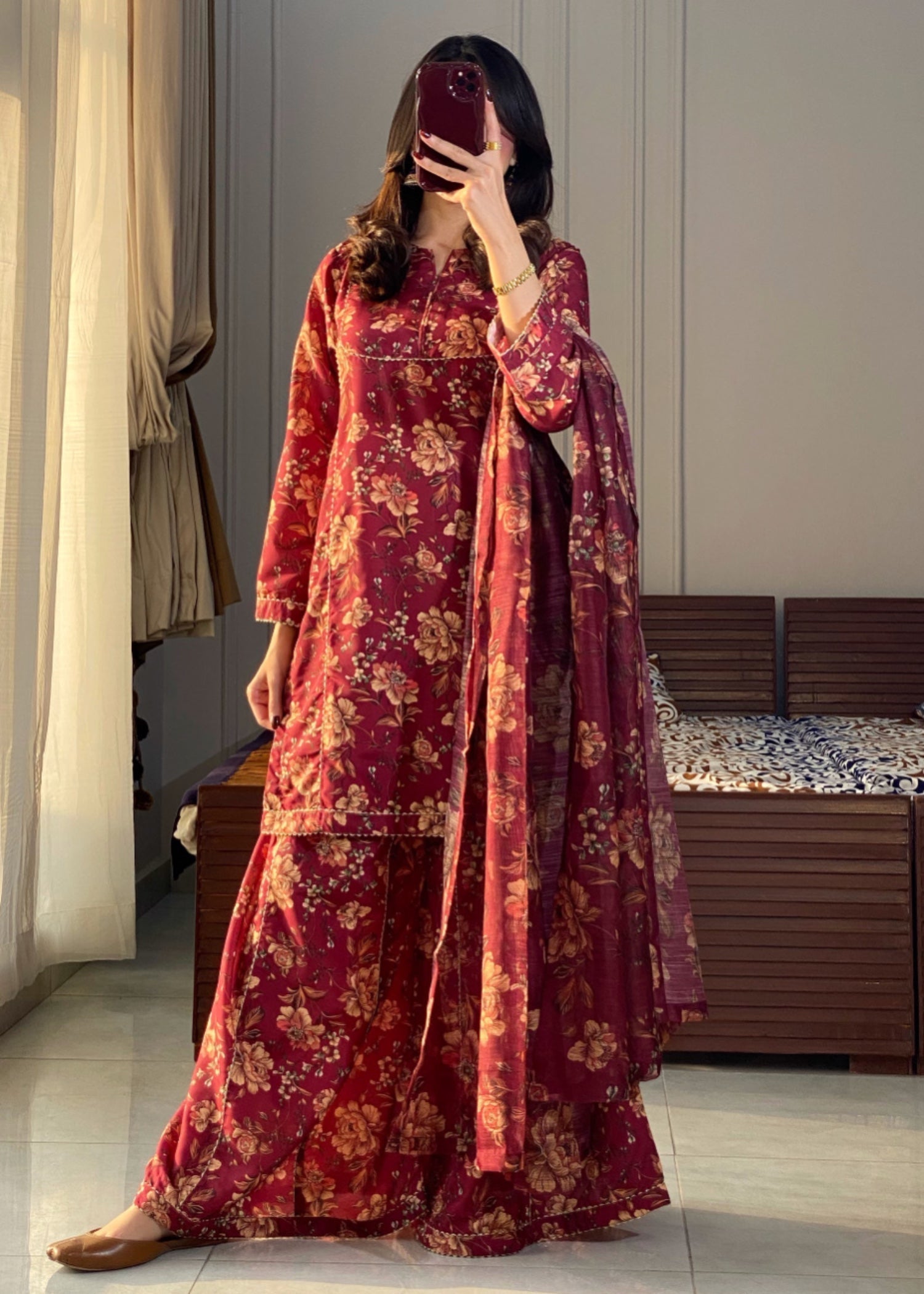 slub lawn Kurta Set in Maroon