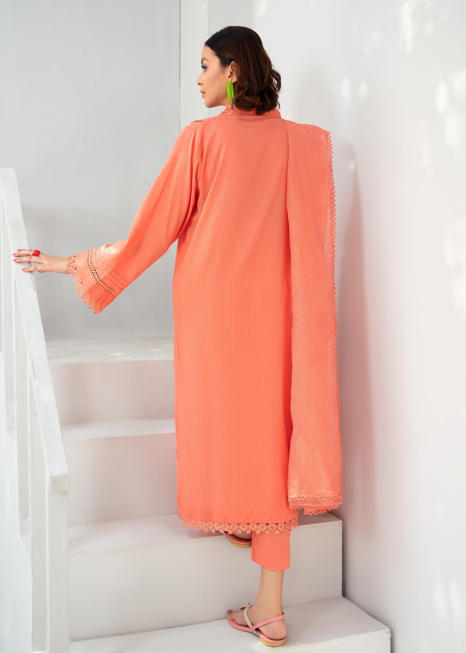 slub cambric Kurta Set in Coral orange