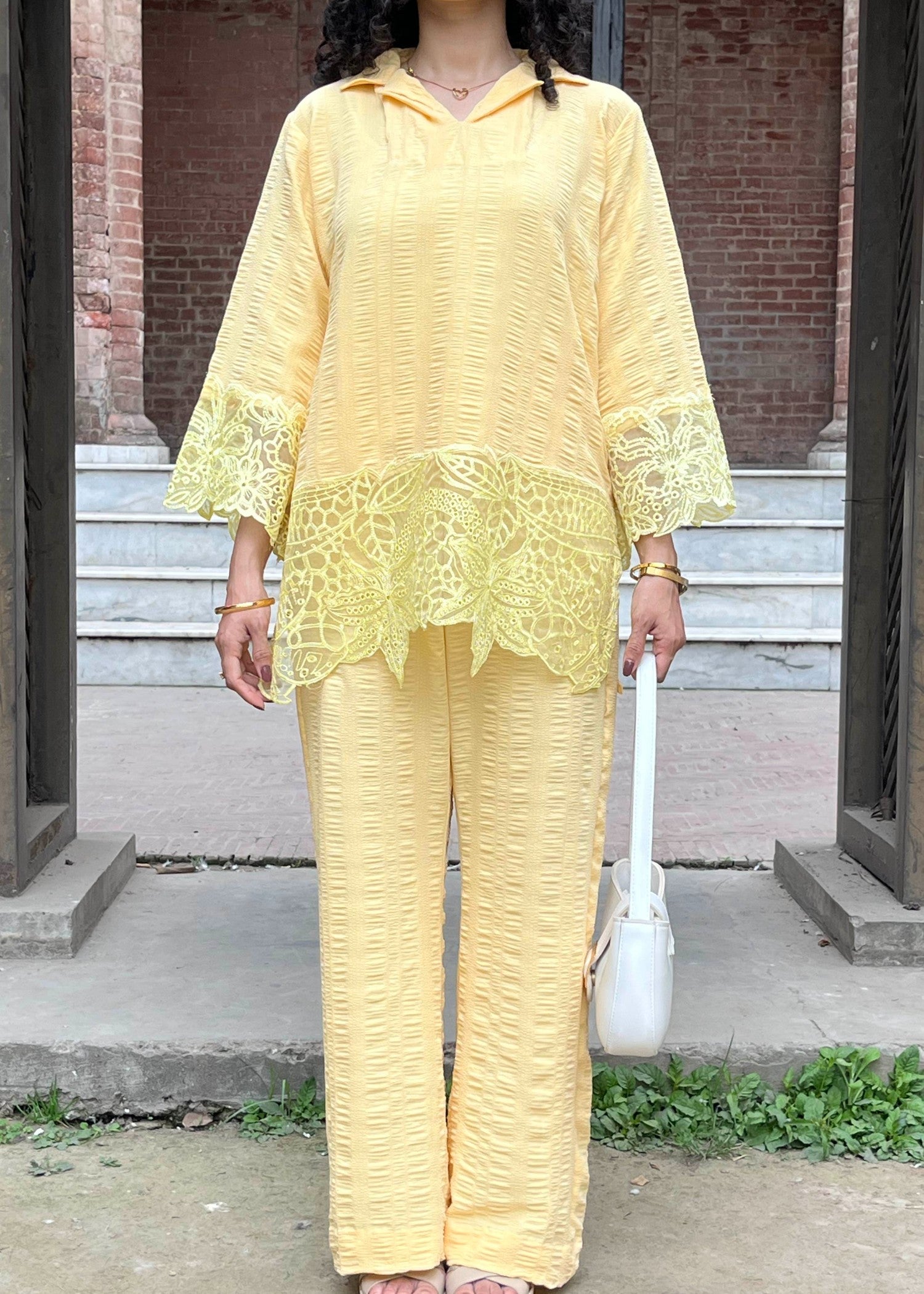 crinkle Kurta Set in Lemon