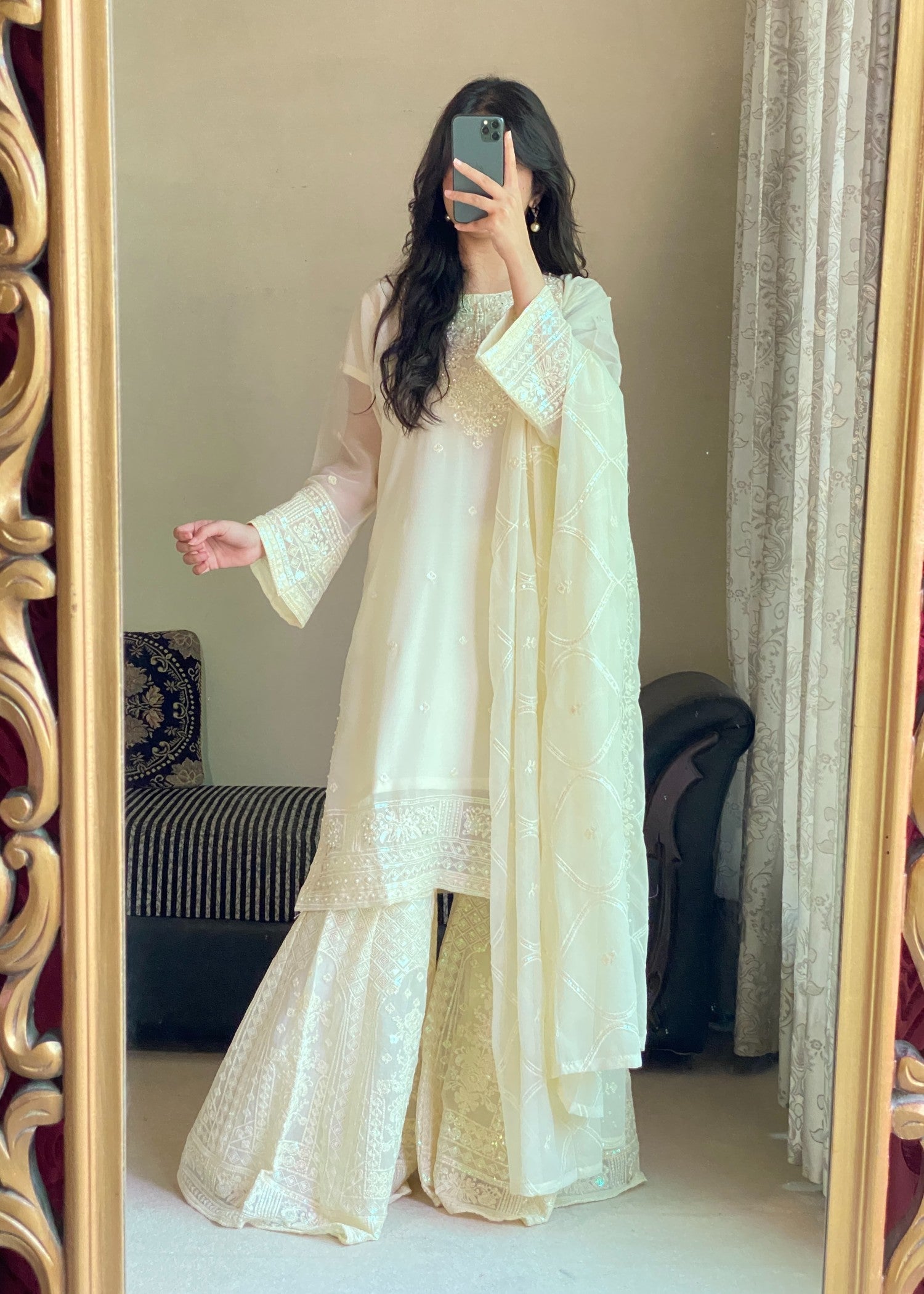 chiffon Gharara in Cream