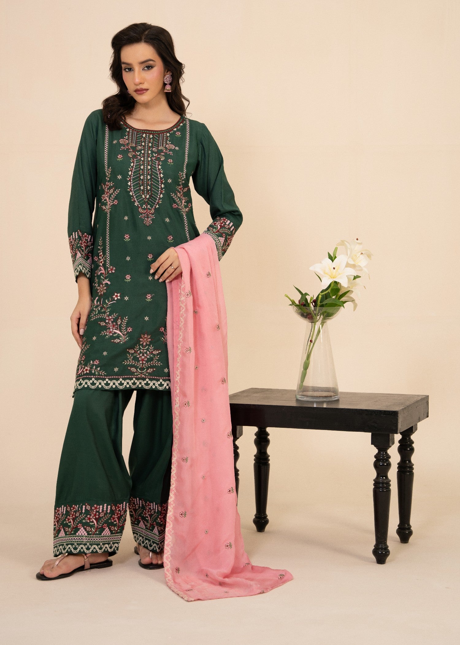 raw silk Kurta Set in Bottle green