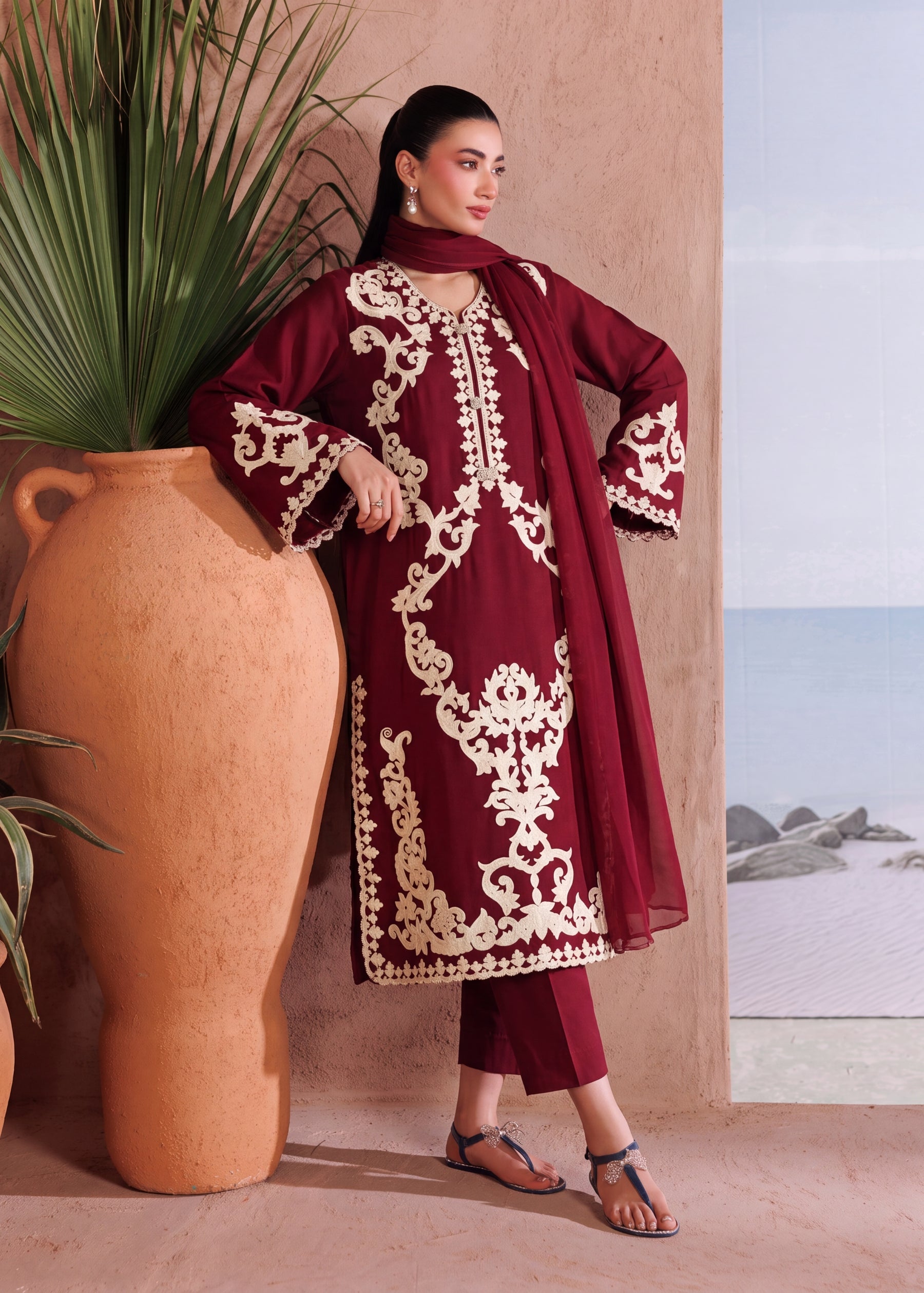 linen Kurta Set in Blood red