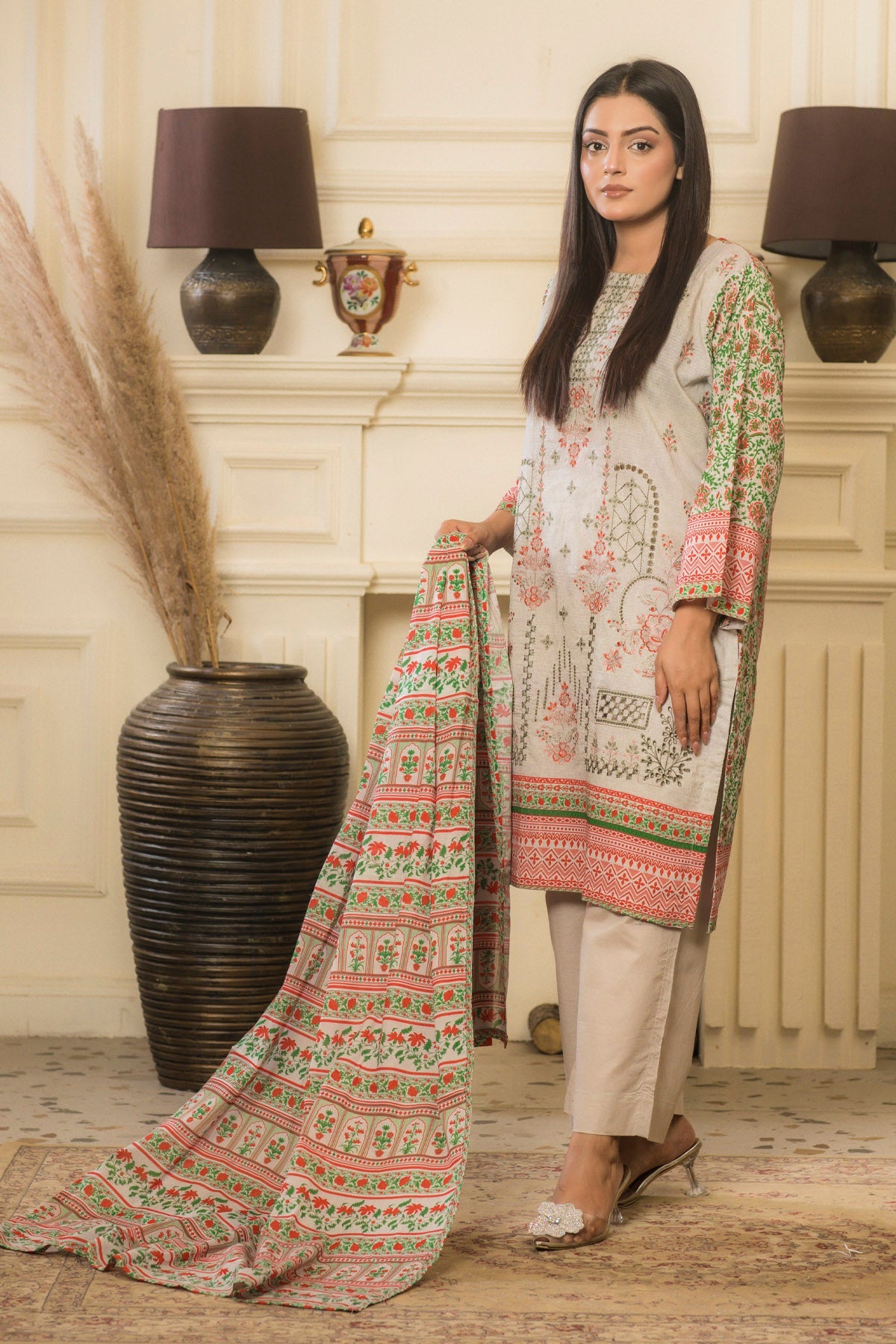 lawn voile Kurta Set in Ivory