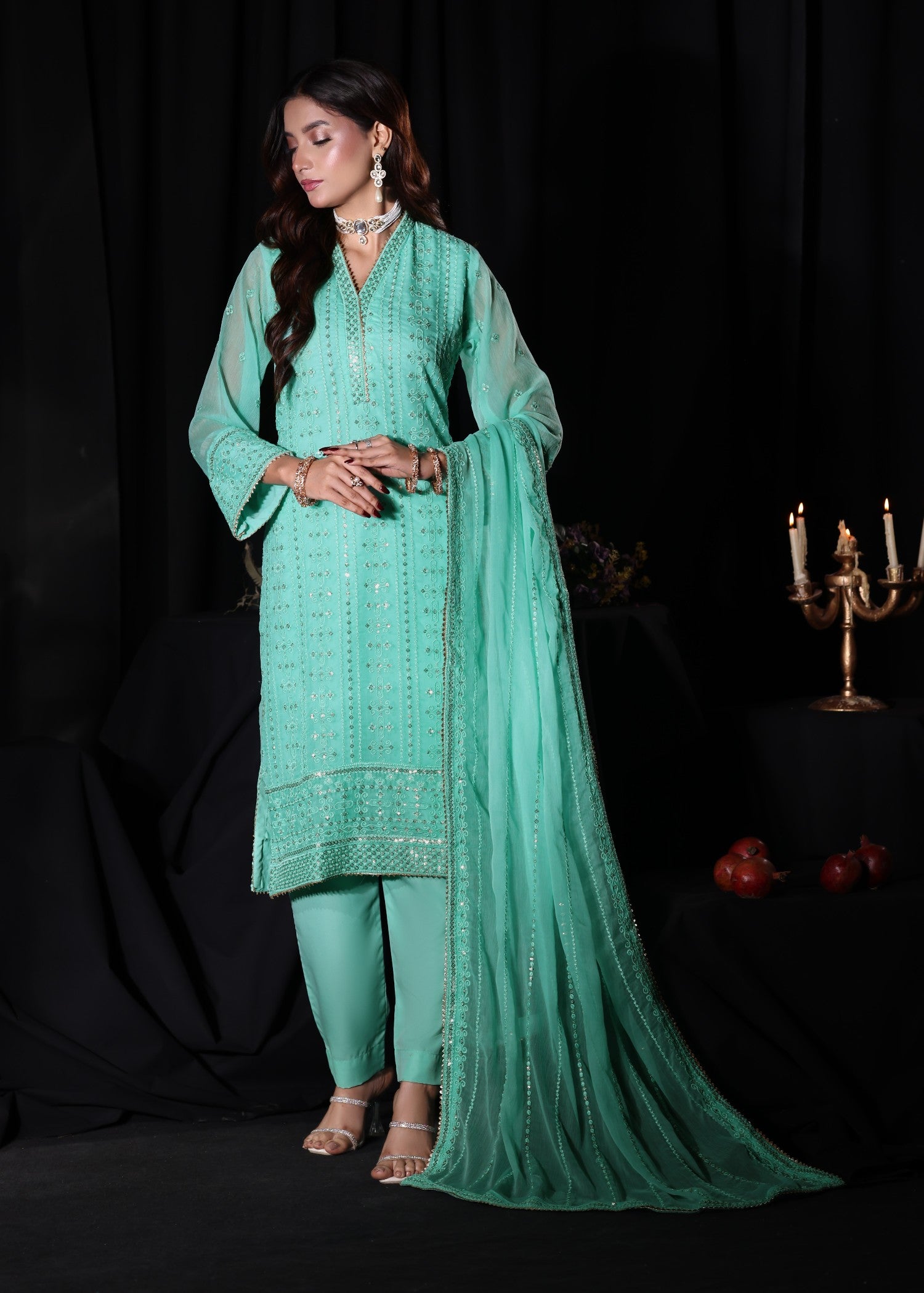 chiffon Kurta Set in Aquamarine