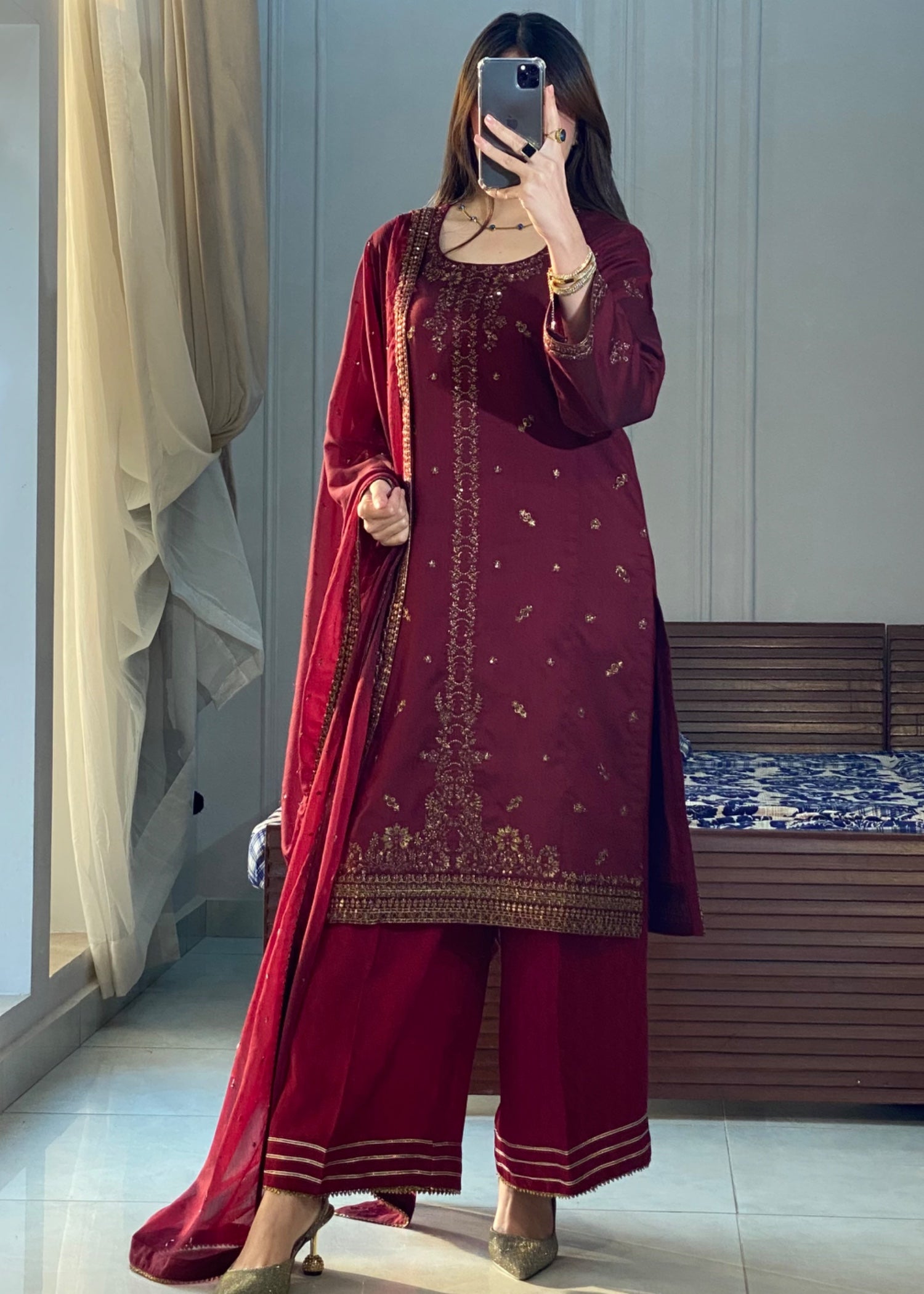 cotton silk Kurta Set in Amaranth