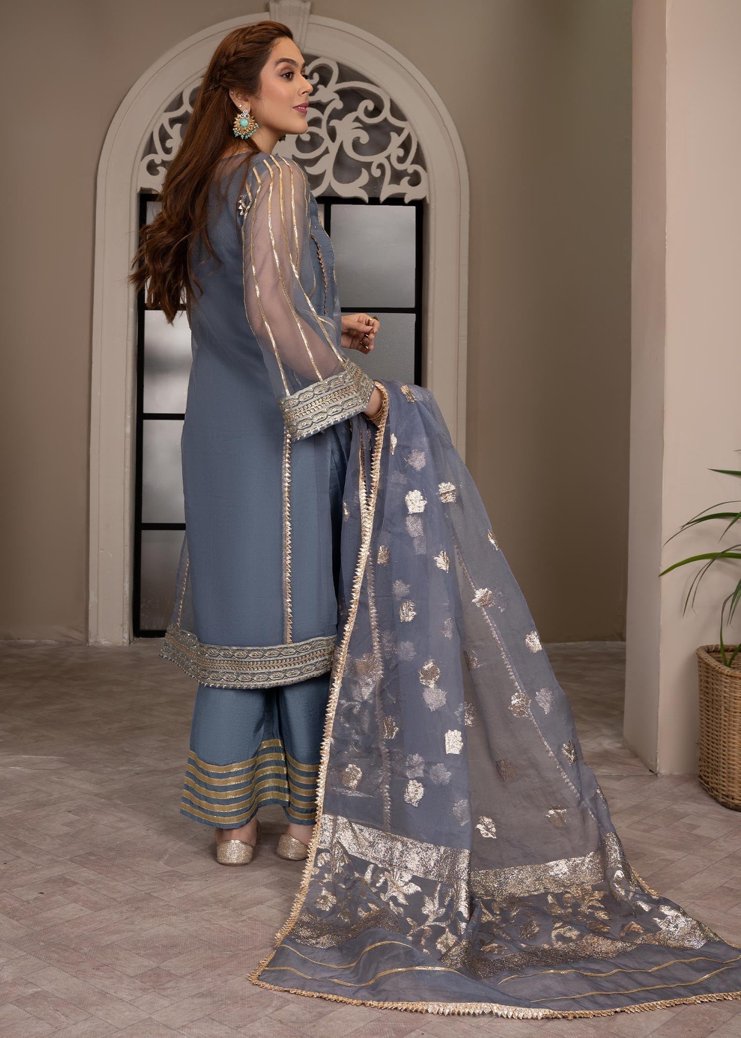organza Kurta Set in Steel blue