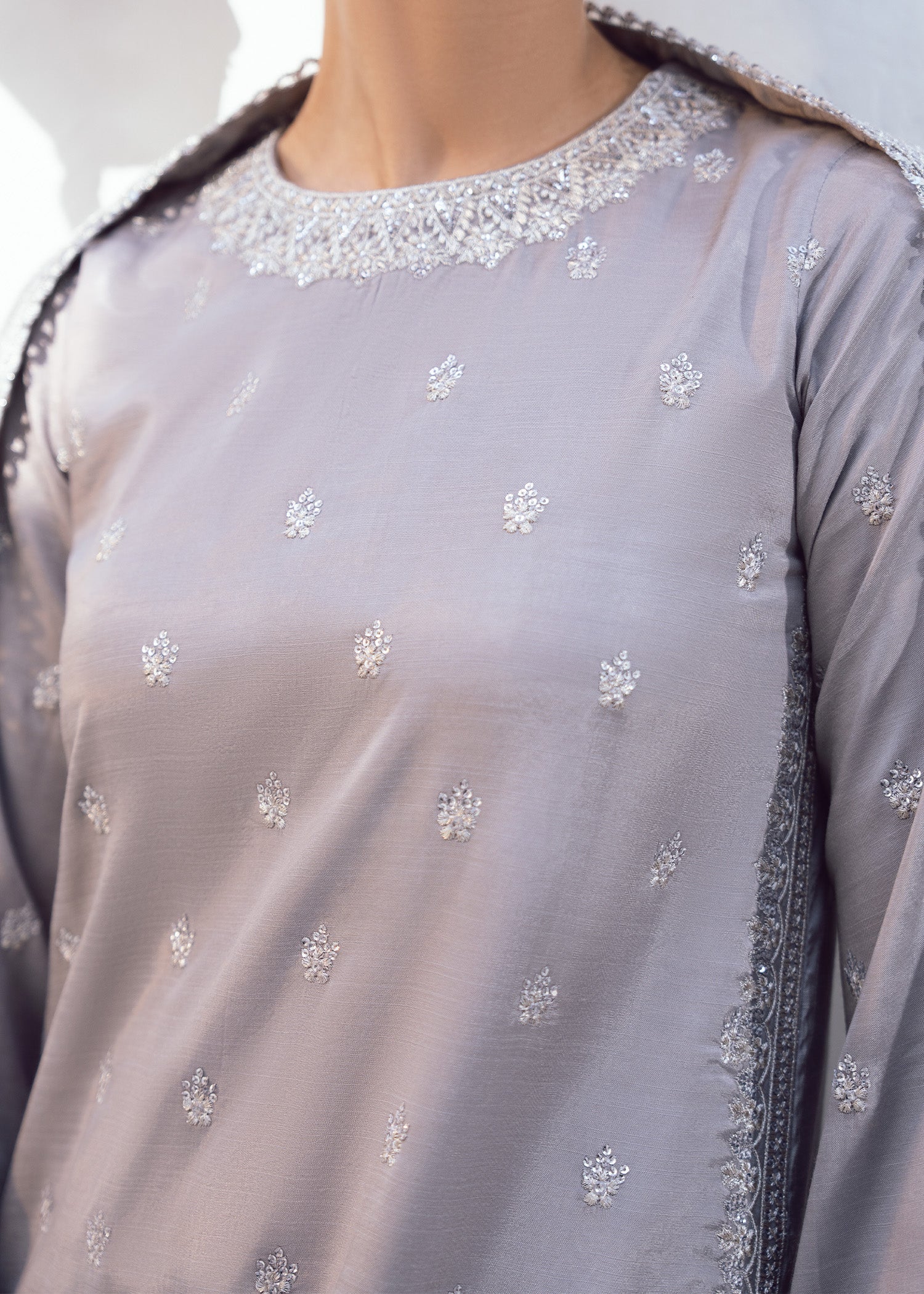raw silk Kurta Set in Ash grey