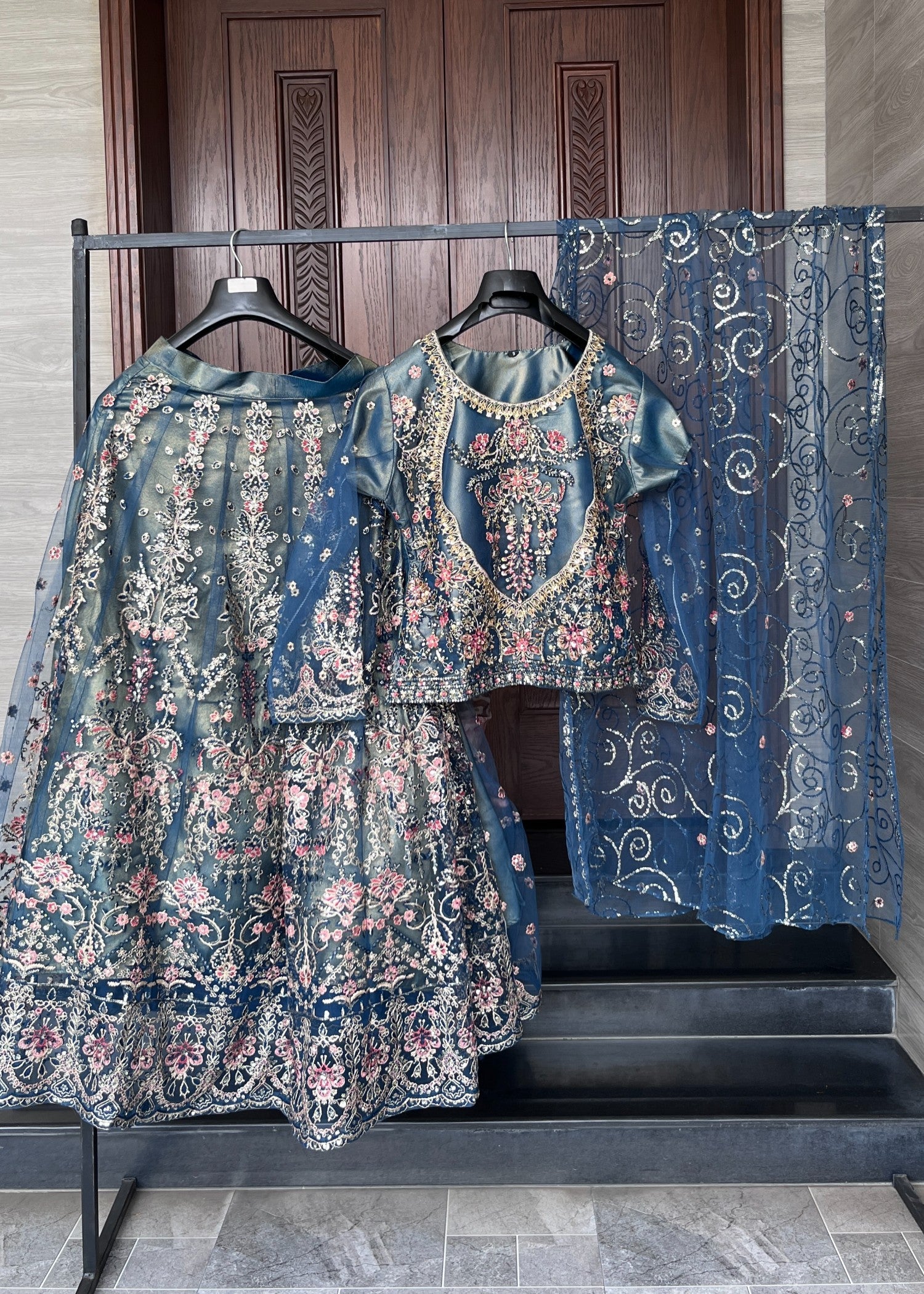 net Lehenga in Steel blue