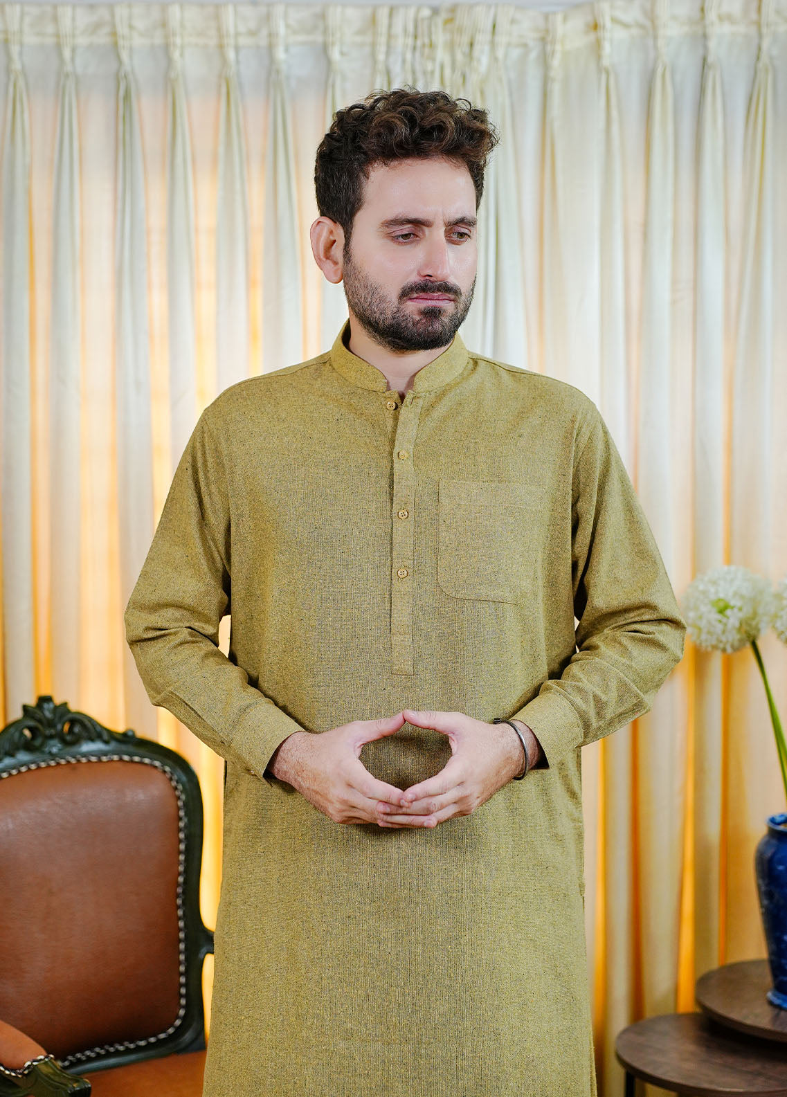 blended wool Shalwar Kameez in Mustard