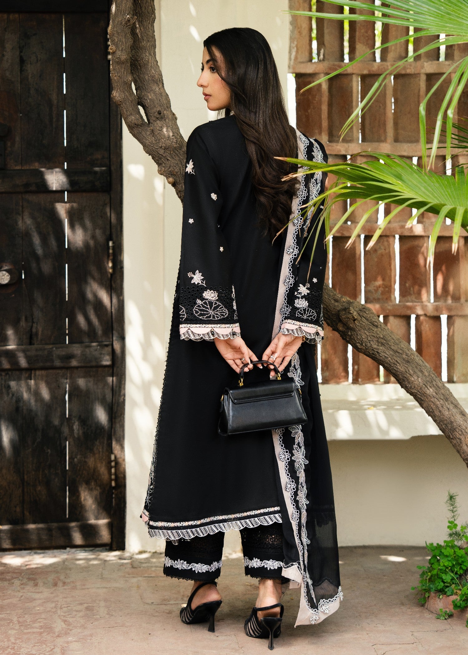 lawn Kurta Set in Black, ivory