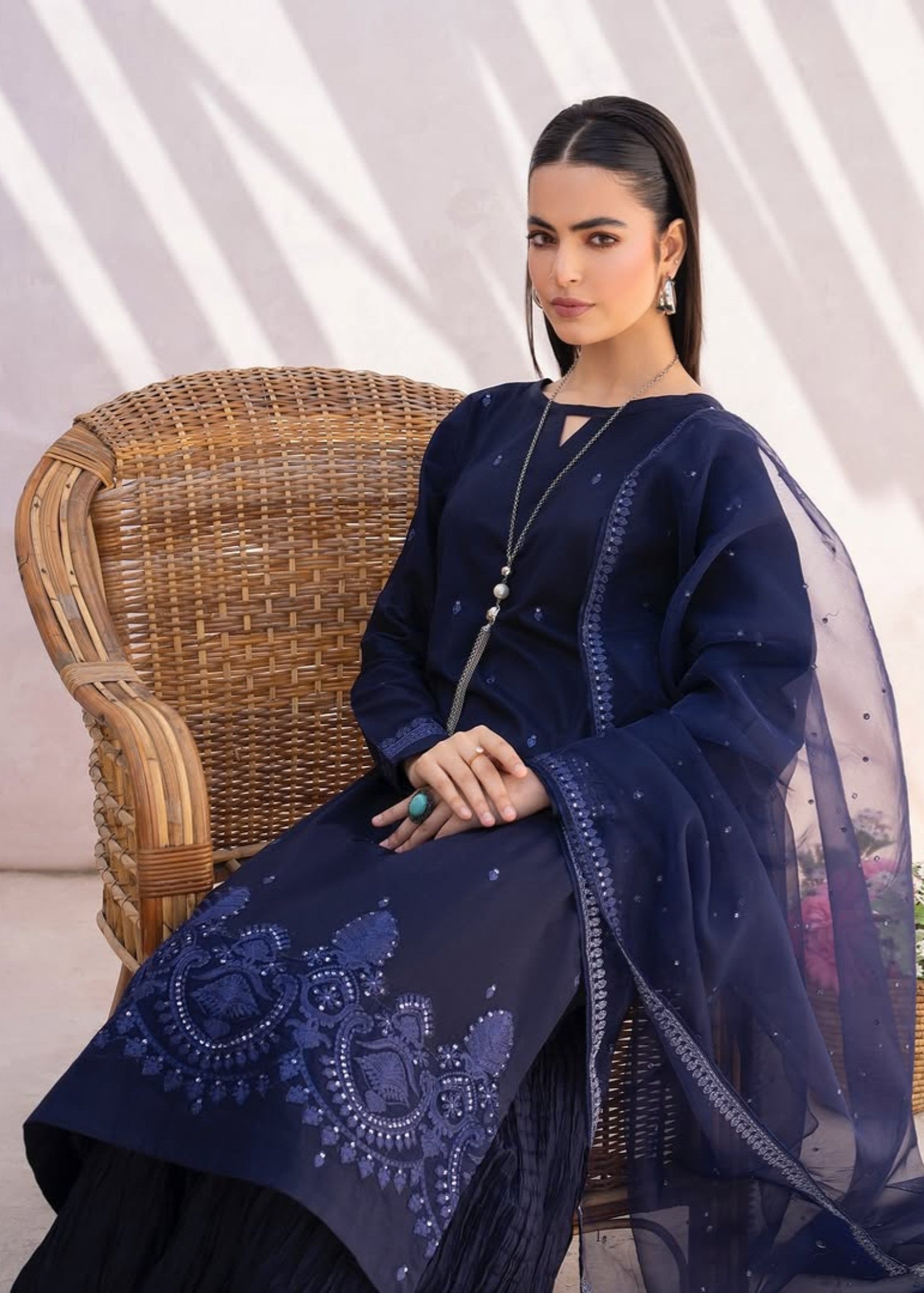 lawn Sharara in Navy blue