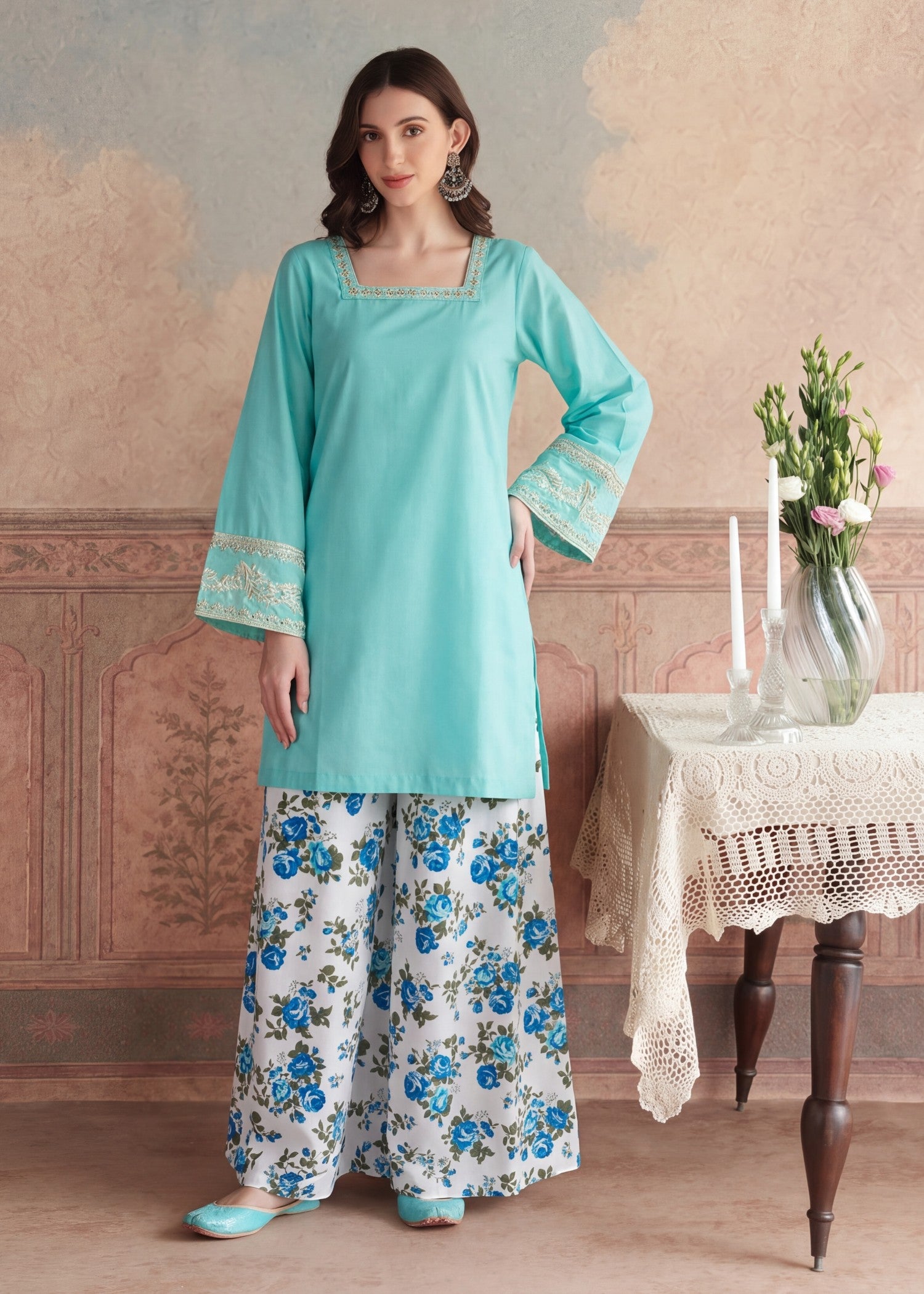 lawn Sharara in Turquoise