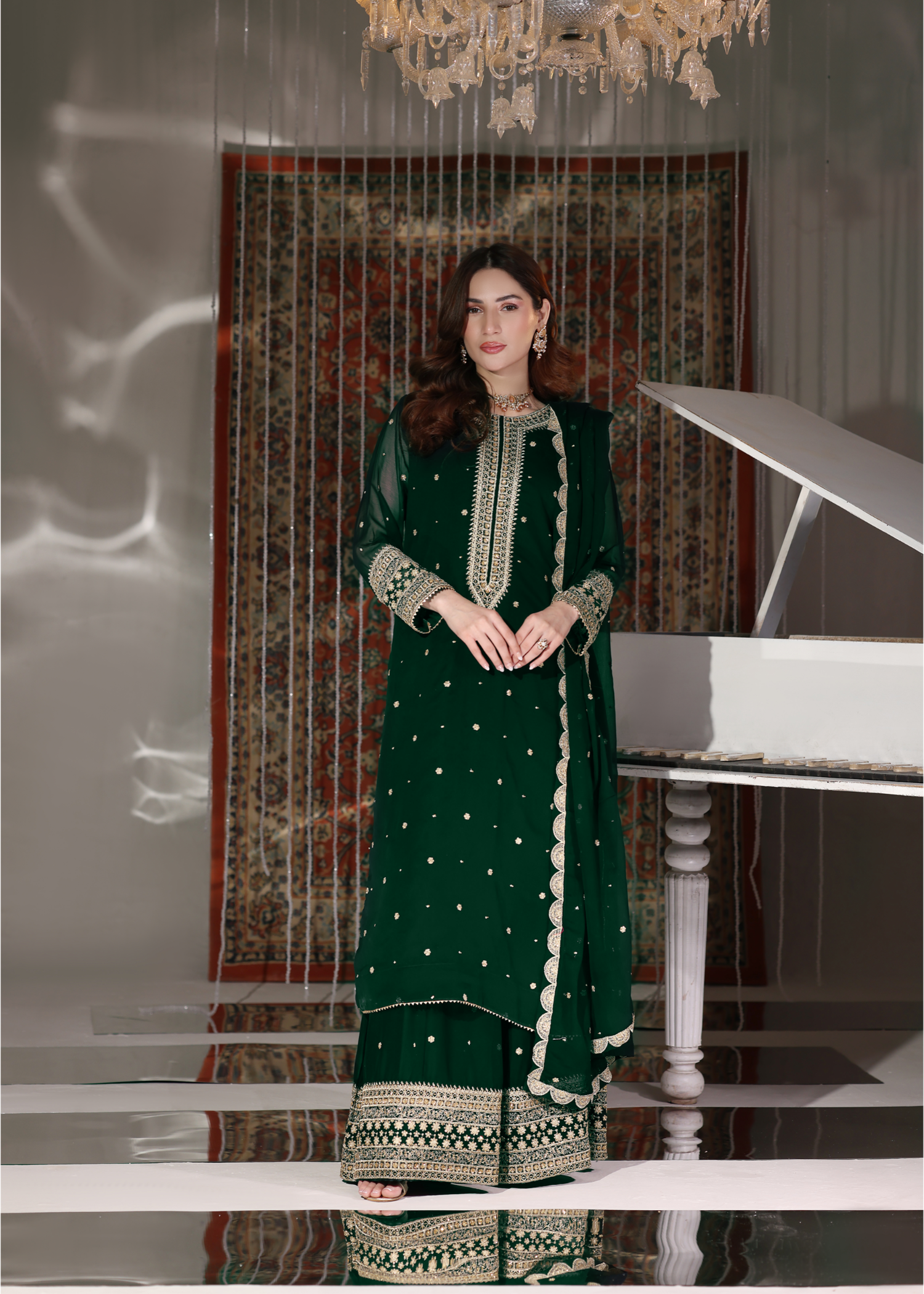 pk chiffon Lehenga in Dark green