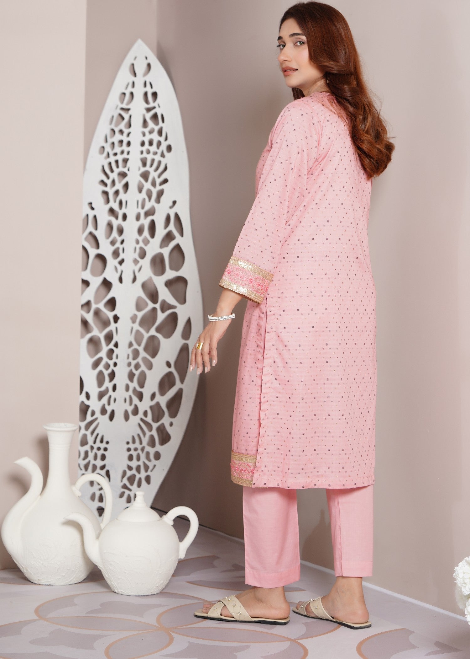 jacquard Kurta Set in Pastel pink