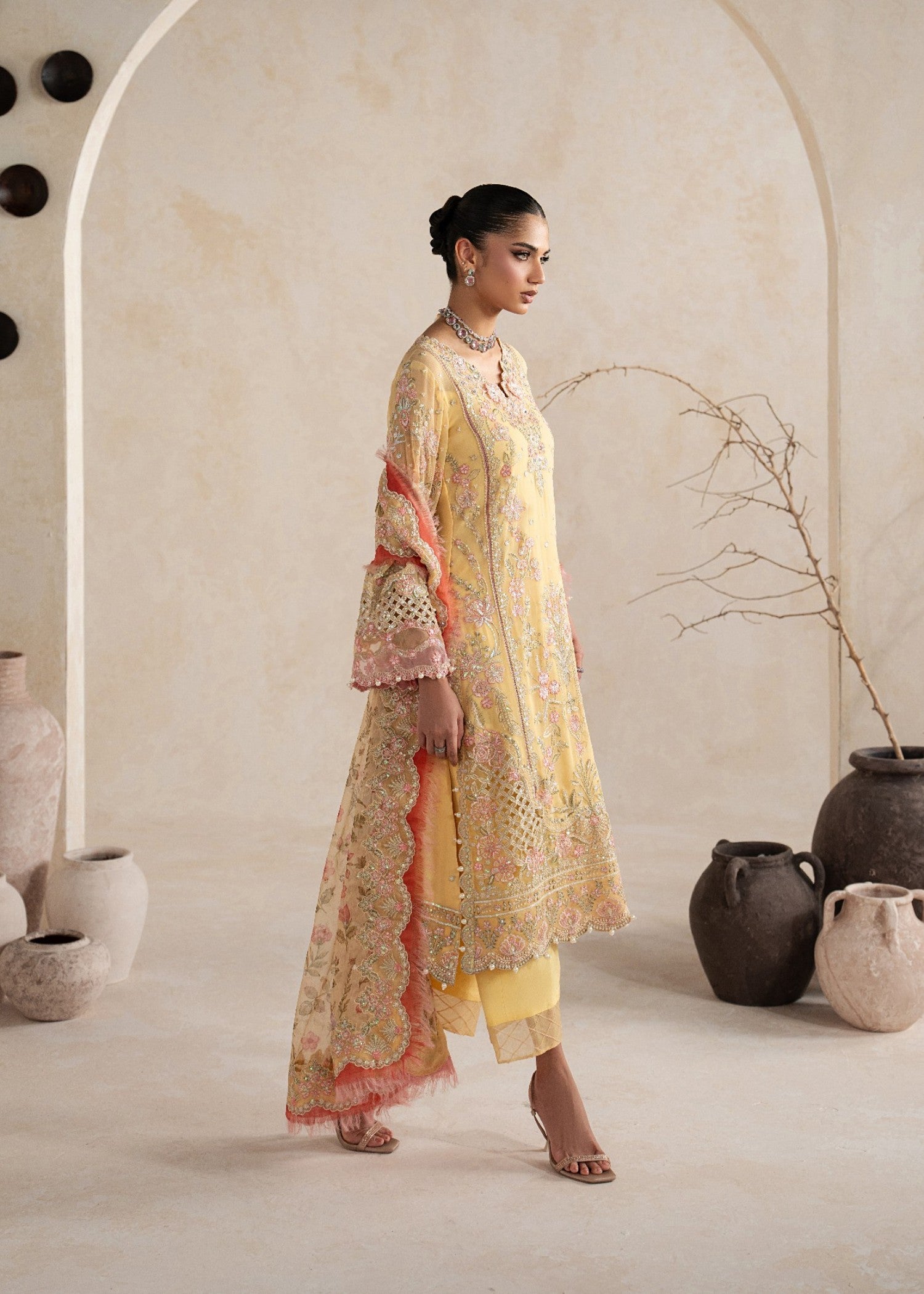 chiffon Kurta Set in Light yellow
