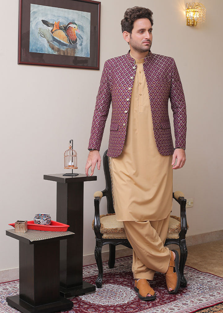 banarsi silk Prince Coat in Purple