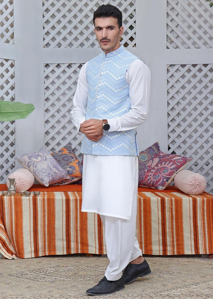jamawar Waistcoat in Sky blue