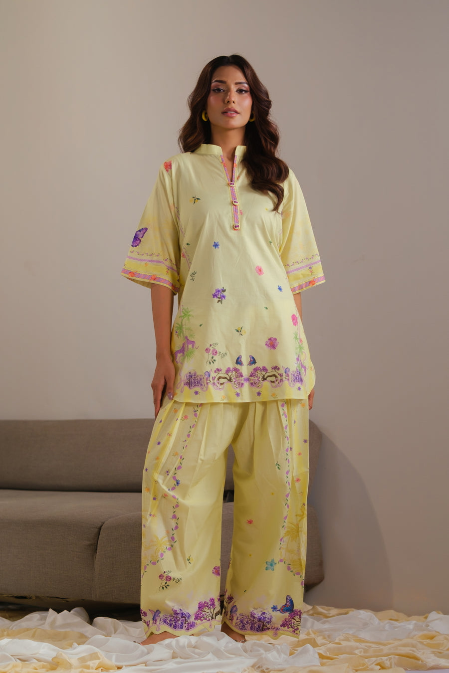lawn cotton Co Ord Sets in Lemon