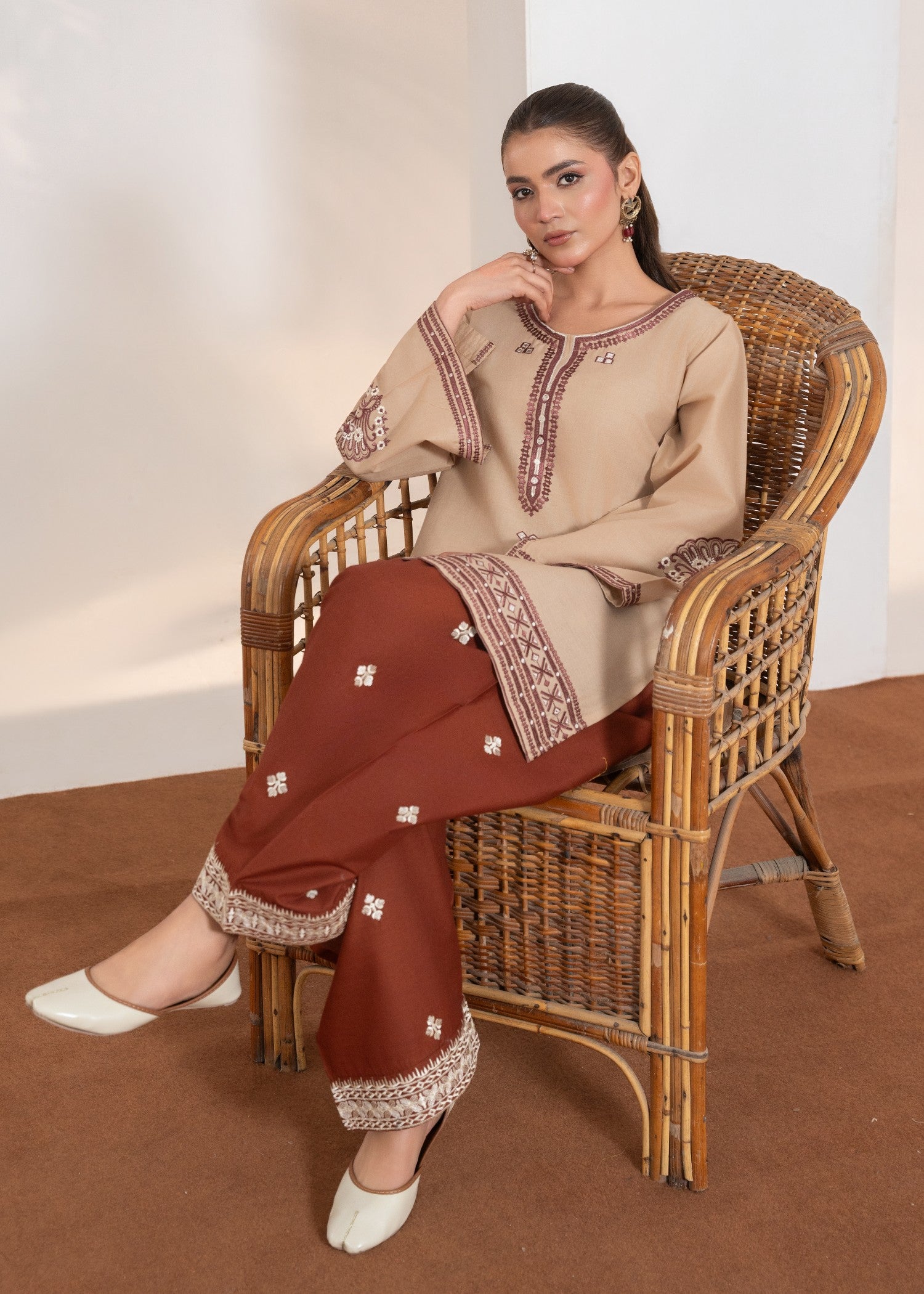 cotton Kurta Set in Tan brown