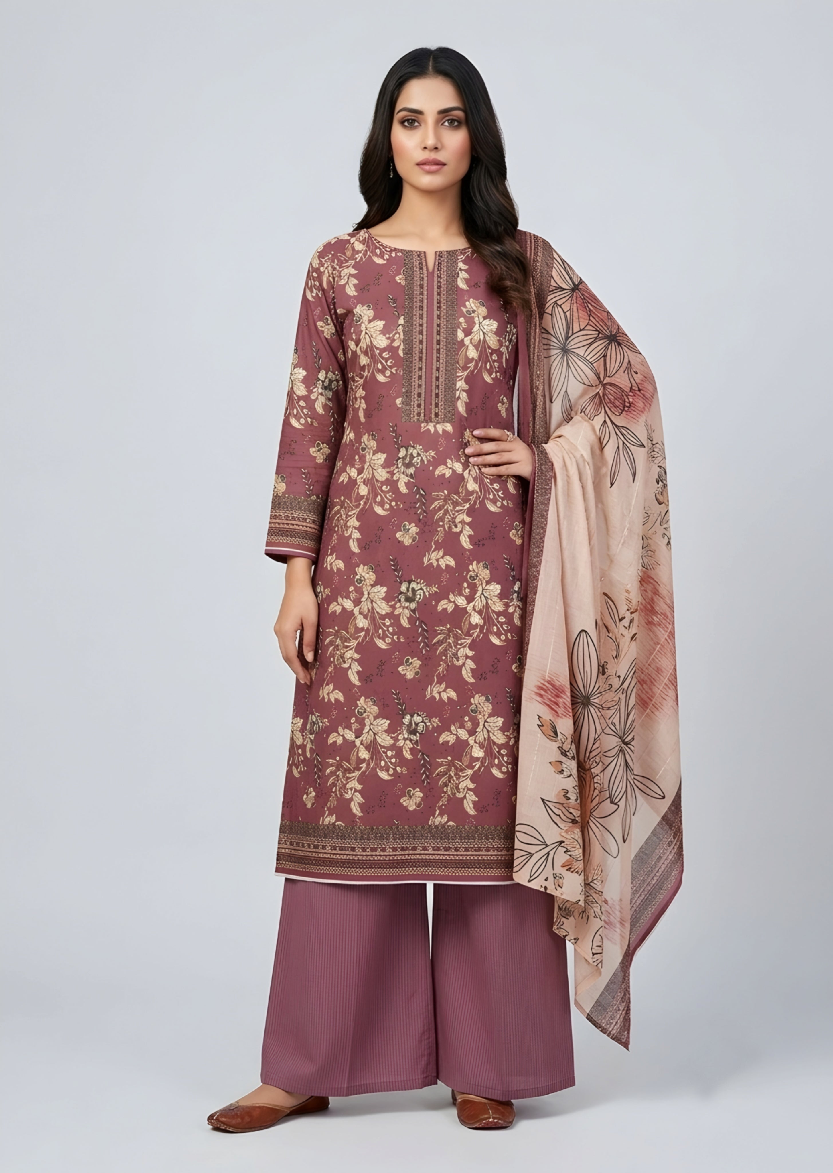 lawn Unstitched in Chocolate brown, butter