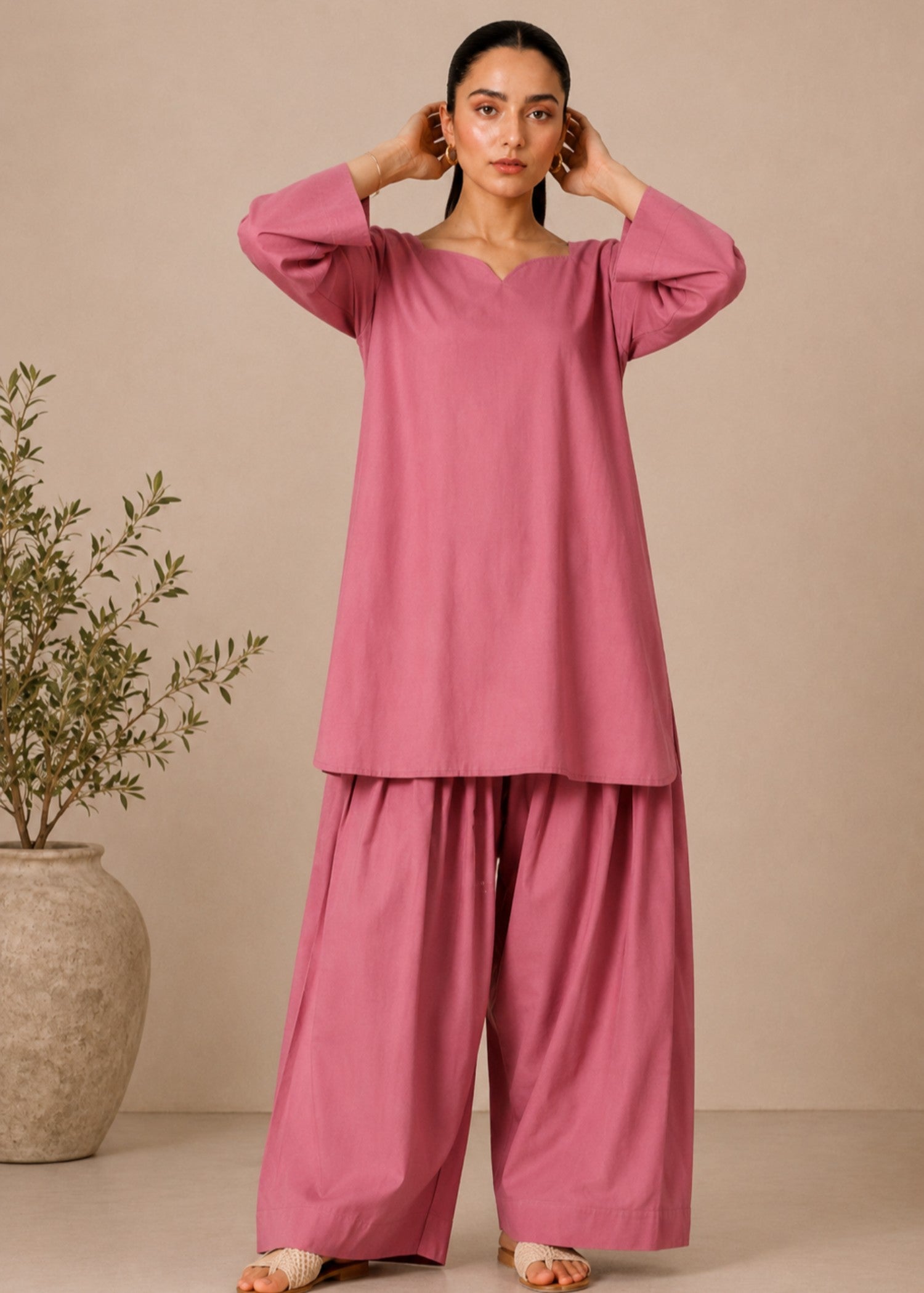 cotton Kurta Set in Thulian pink