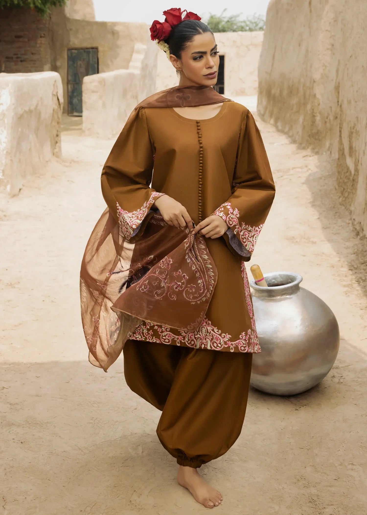lawn cotton Kurta Set in Mocha brown