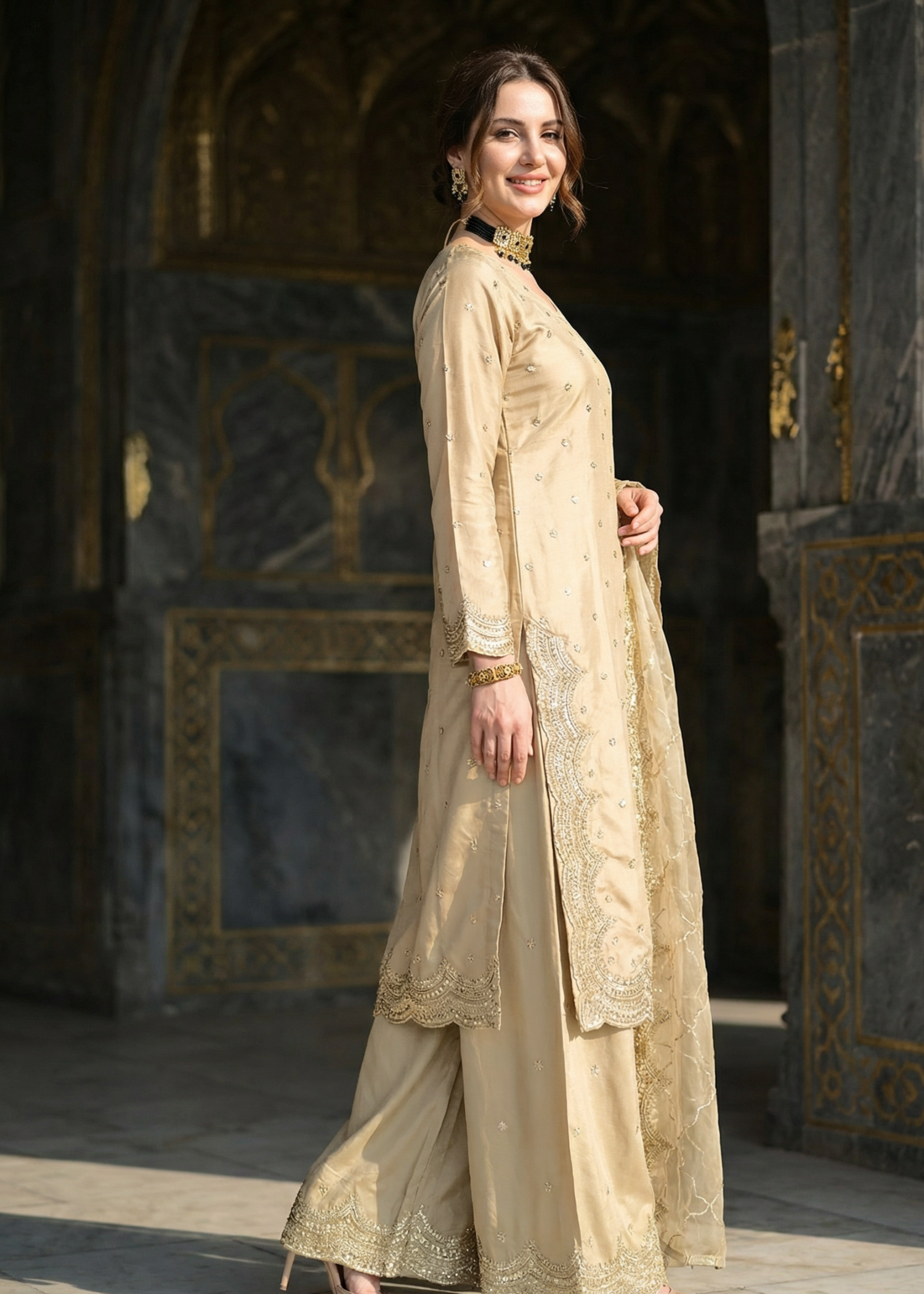 kattan silk Kurta Set in Beige