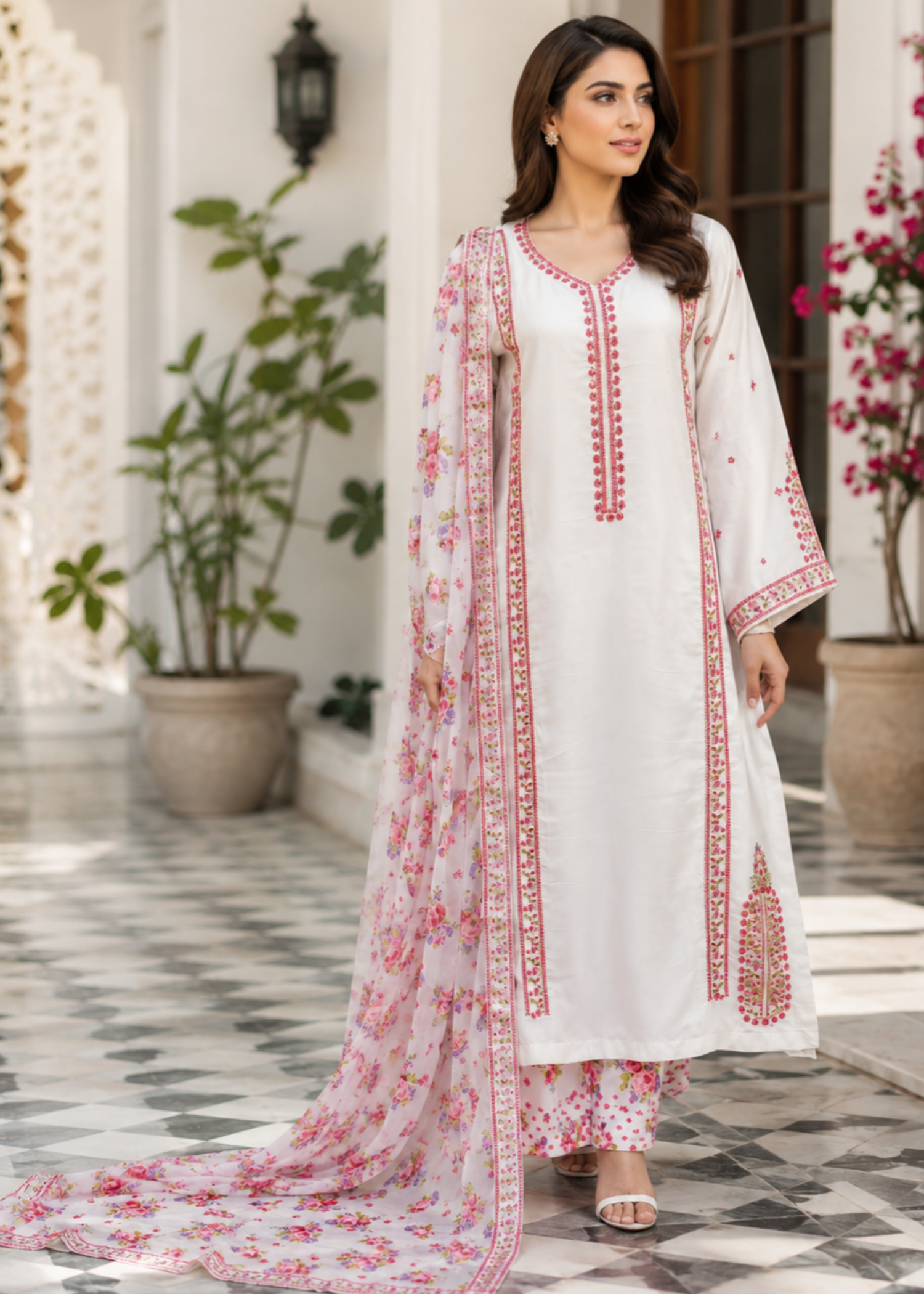 silk charmeuse Kurta Set in White