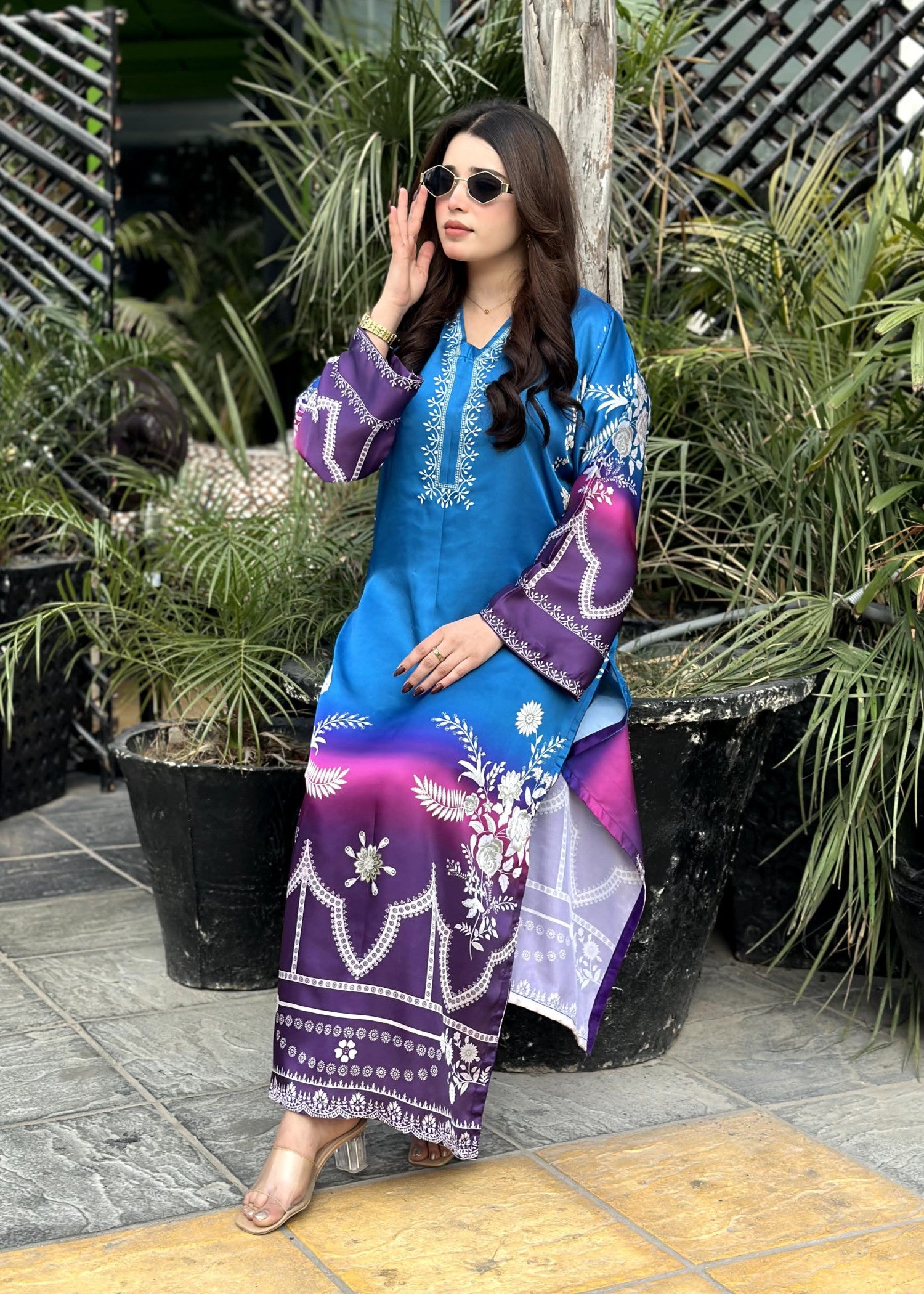 poly lawn Kurta Set in Sapphire blue