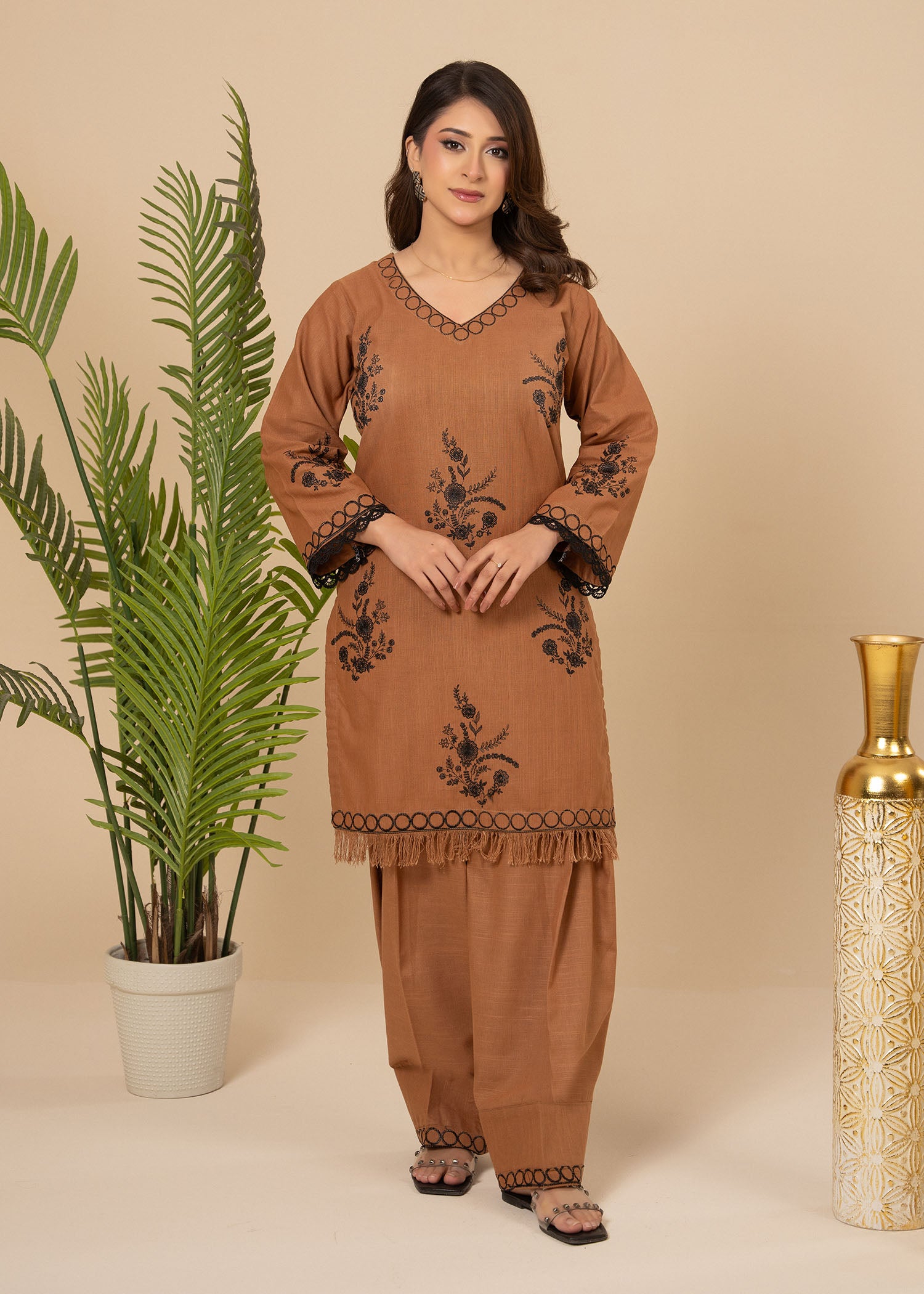 slub khaddar Kurta Set in Camel brown