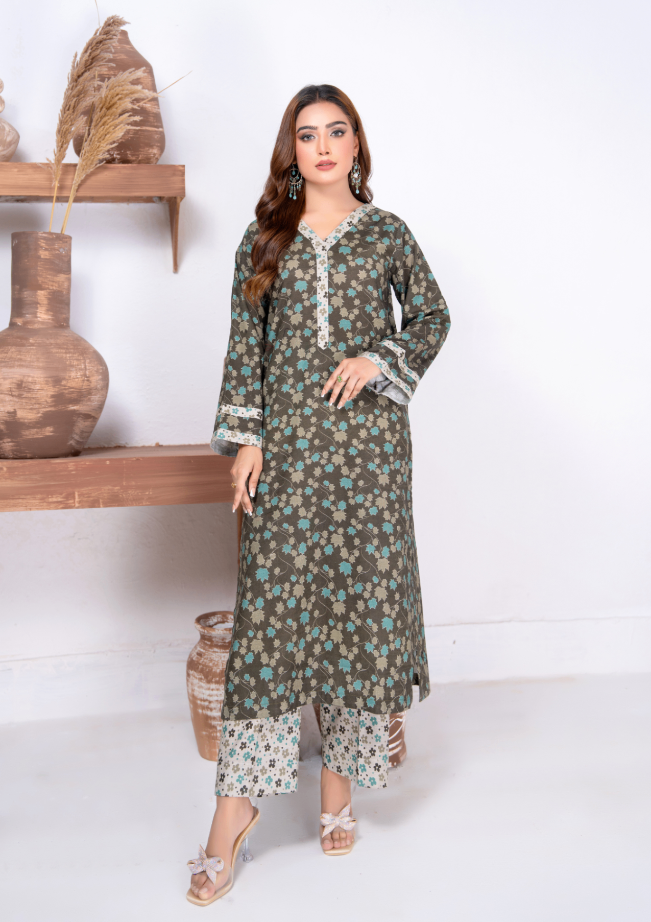 slub khaddar Kurta Set in Army green