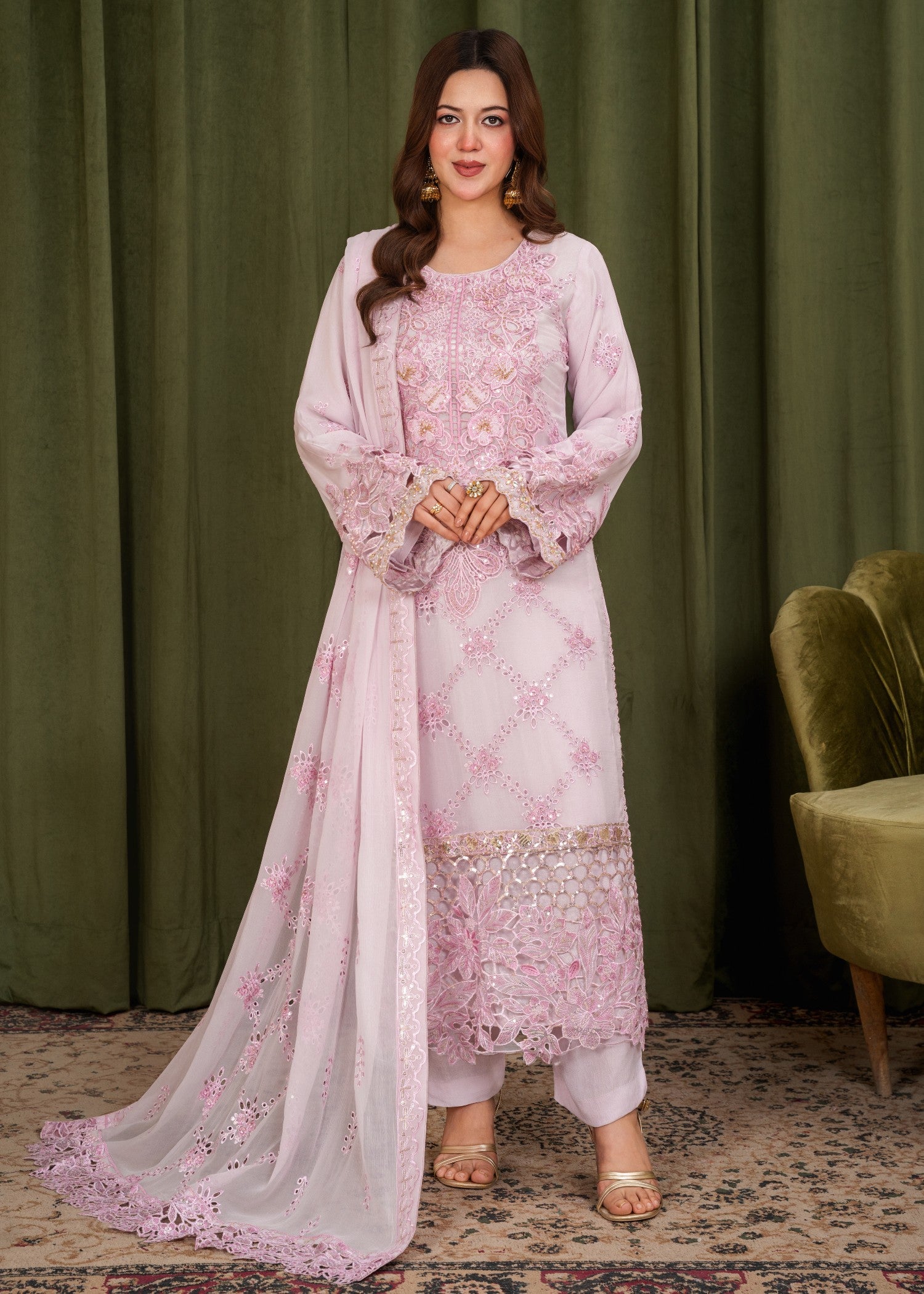 crinkle chiffon Kurta Set in Lavender pink
