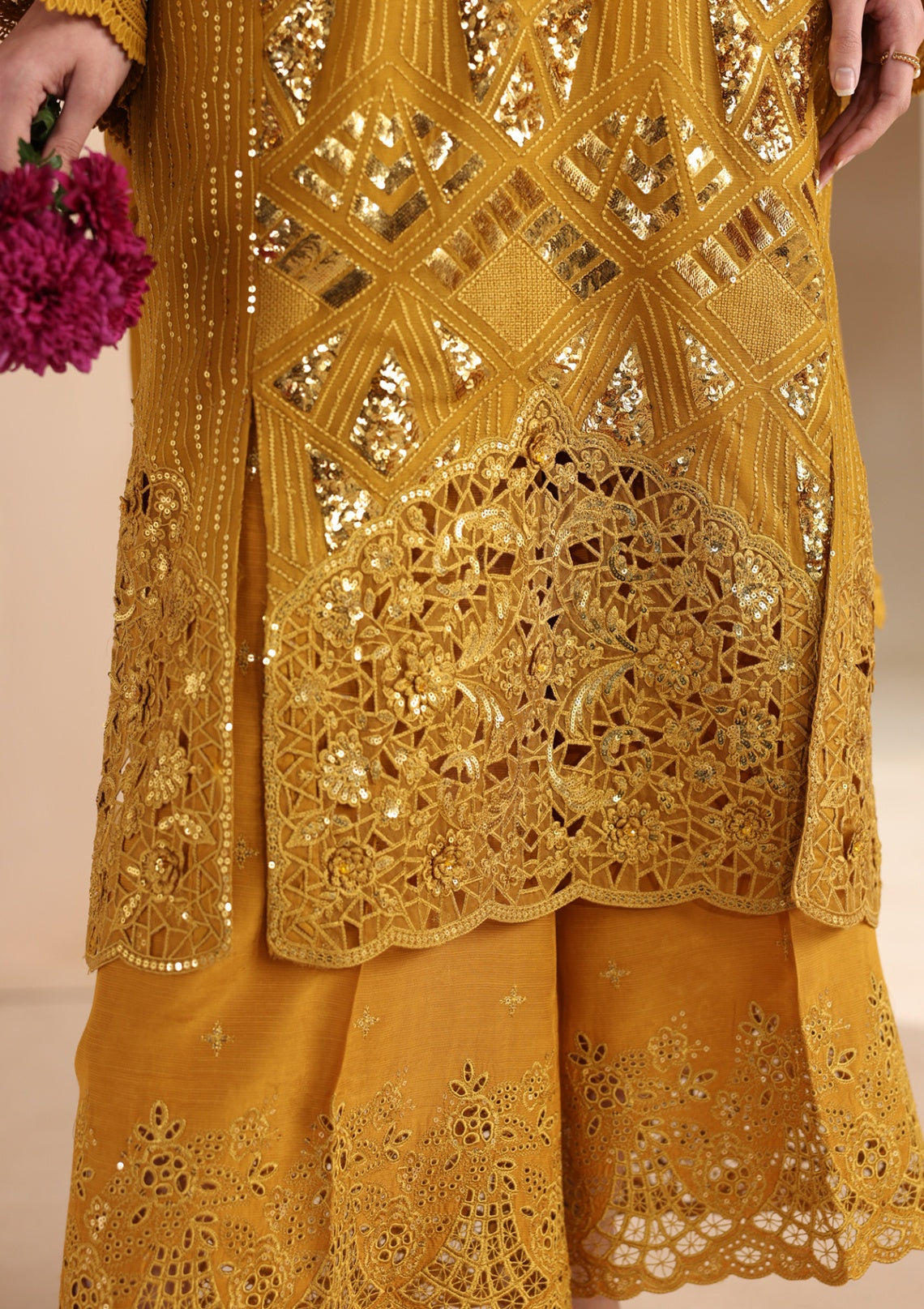 chiffon Kurta Set in Mari gold