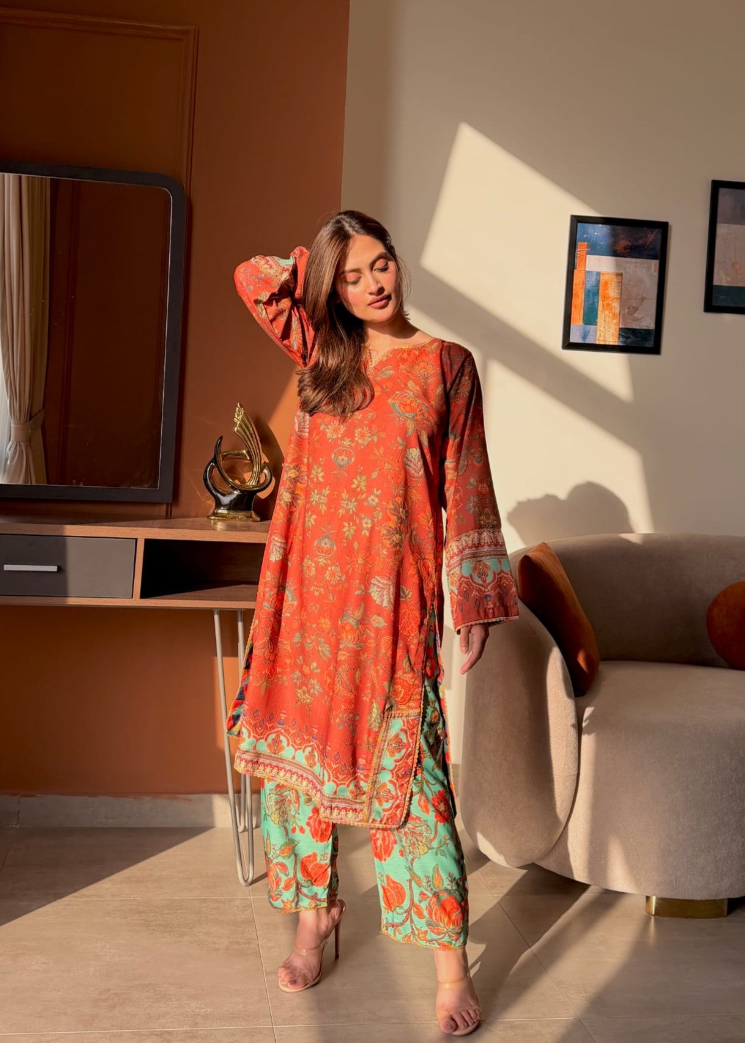 dobby Kurta Set in Coral red
