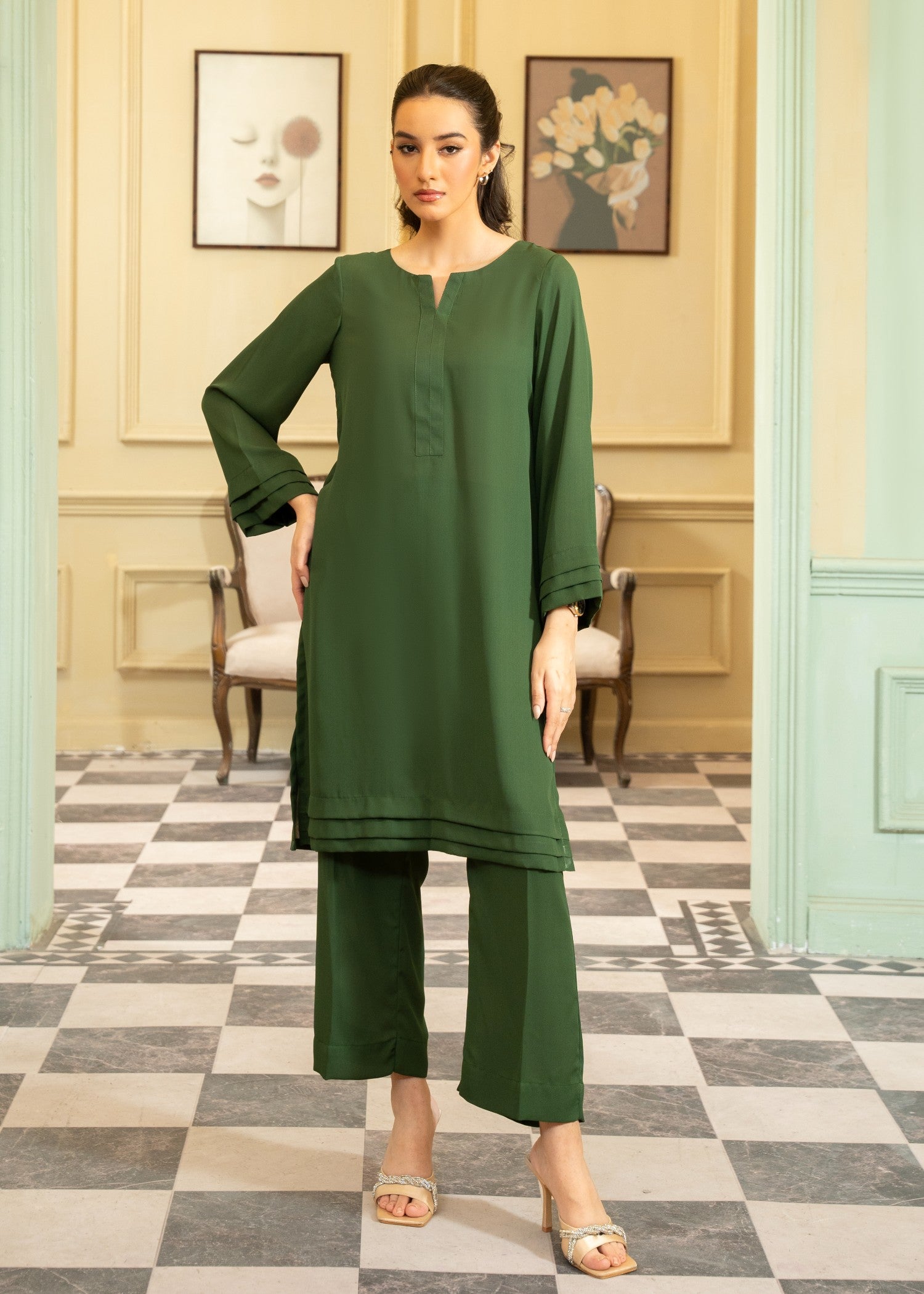 georgette Co Ord Sets in Dark green