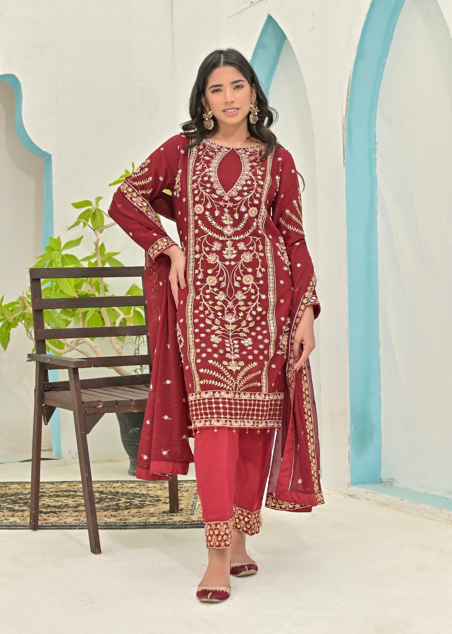 crinkle chiffon Kurta Set in Maroon
